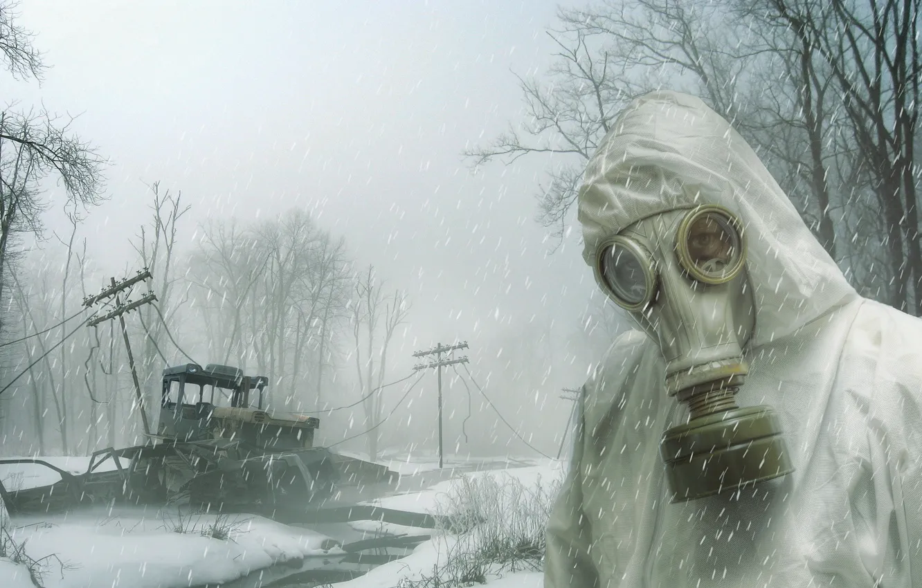 Photo wallpaper snow, people, gas mask, Long Winter
