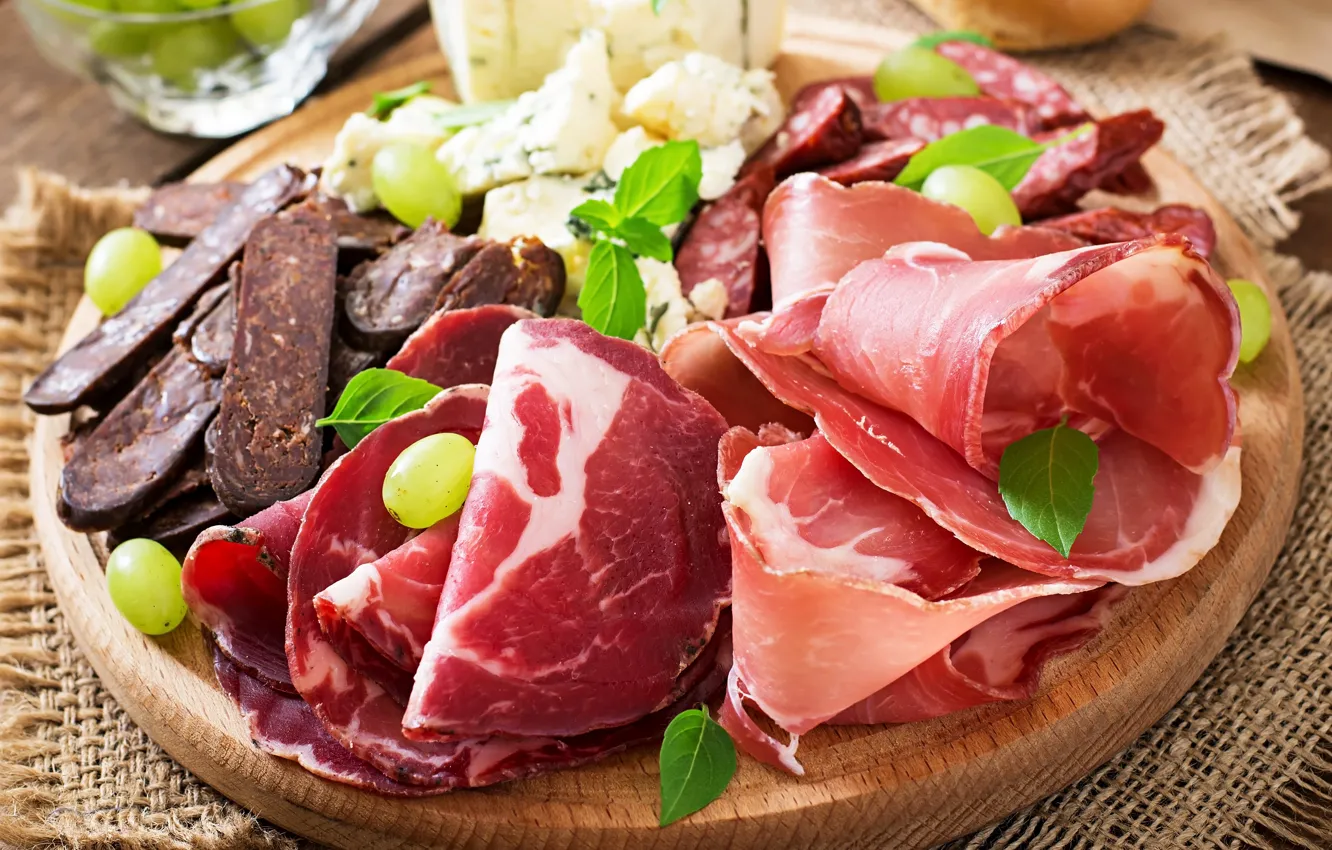 Photo wallpaper Board, cheese, grapes, meat, sausage, grapes, bacon, cheese