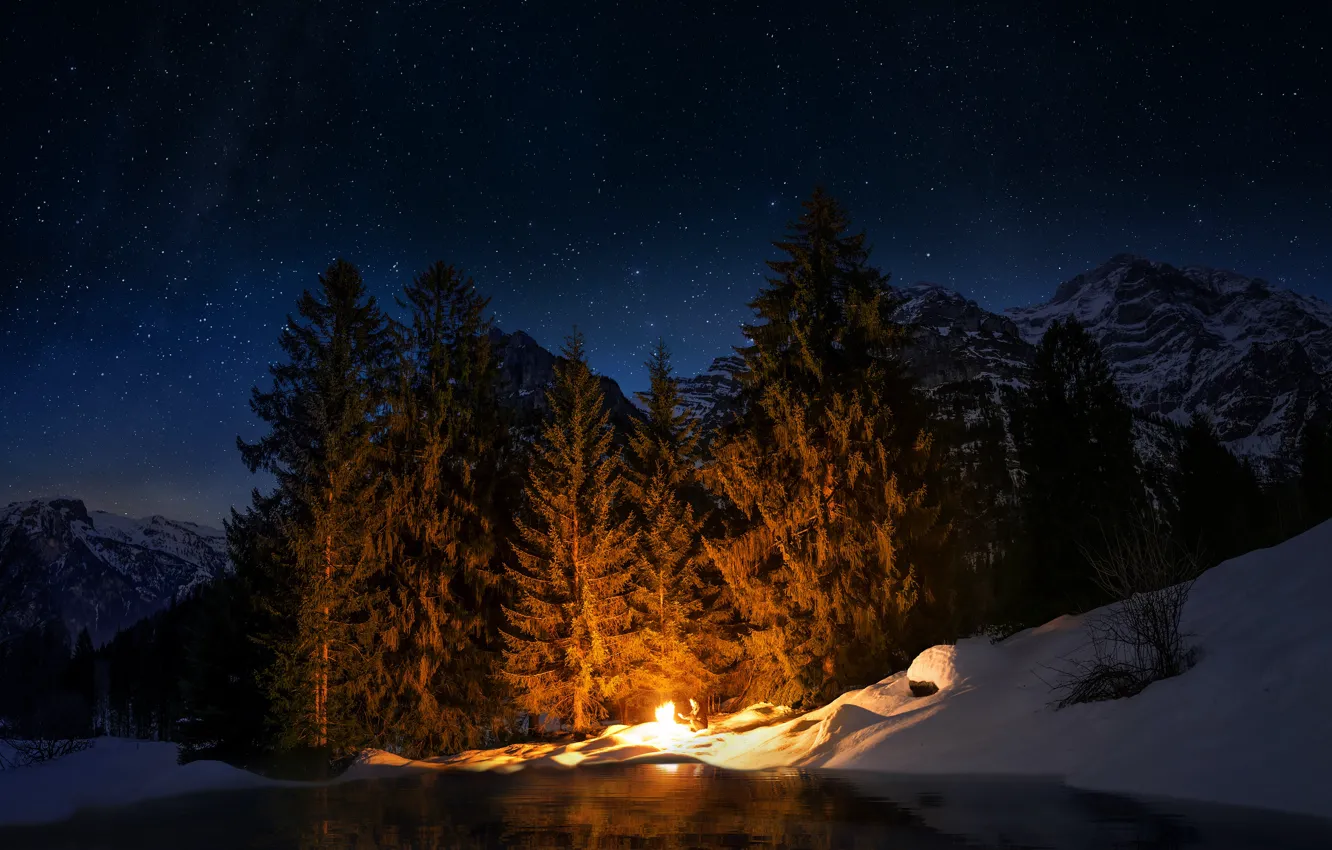 Photo wallpaper winter, forest, the sky, stars, light, snow, mountains, night