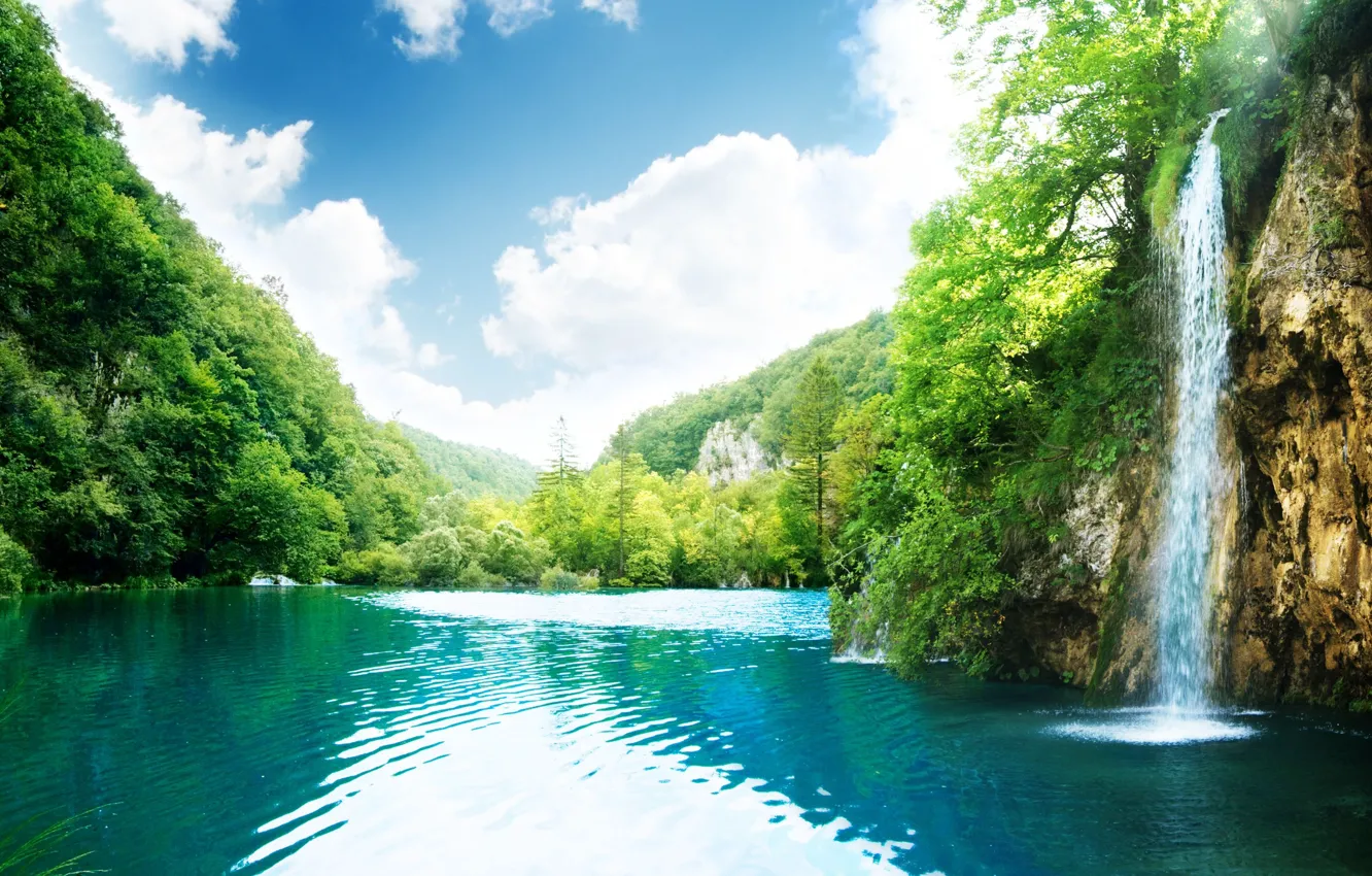 Photo wallpaper mountains, place, waterfall, Laguna, blue, Paradise, Perfect waterfall