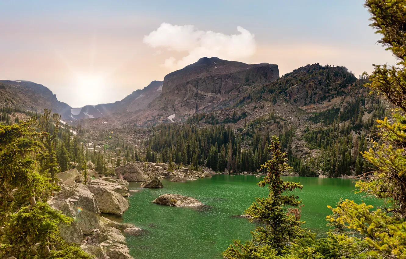 Photo wallpaper the sky, the sun, clouds, trees, nature, lake, stones, rocks
