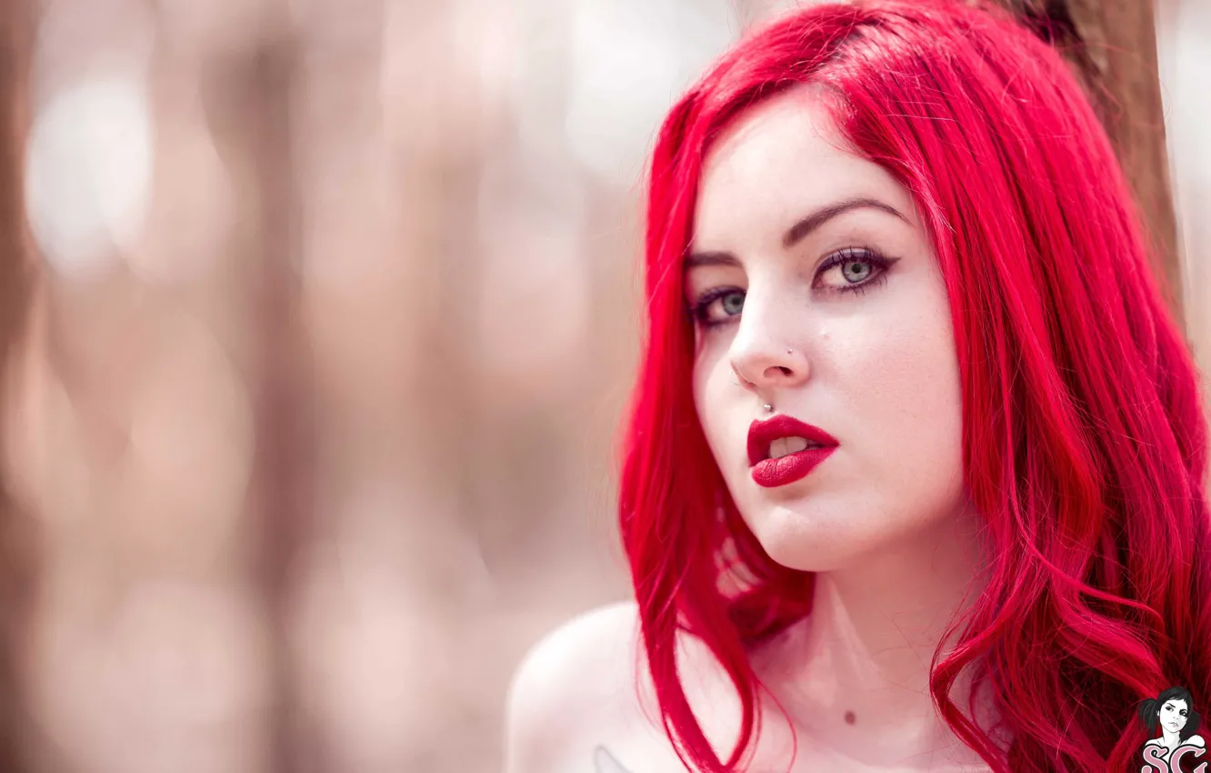 Photo wallpaper girl, model, Piercing, red lipstick, red hair, Suicide Girls, Brunabruce