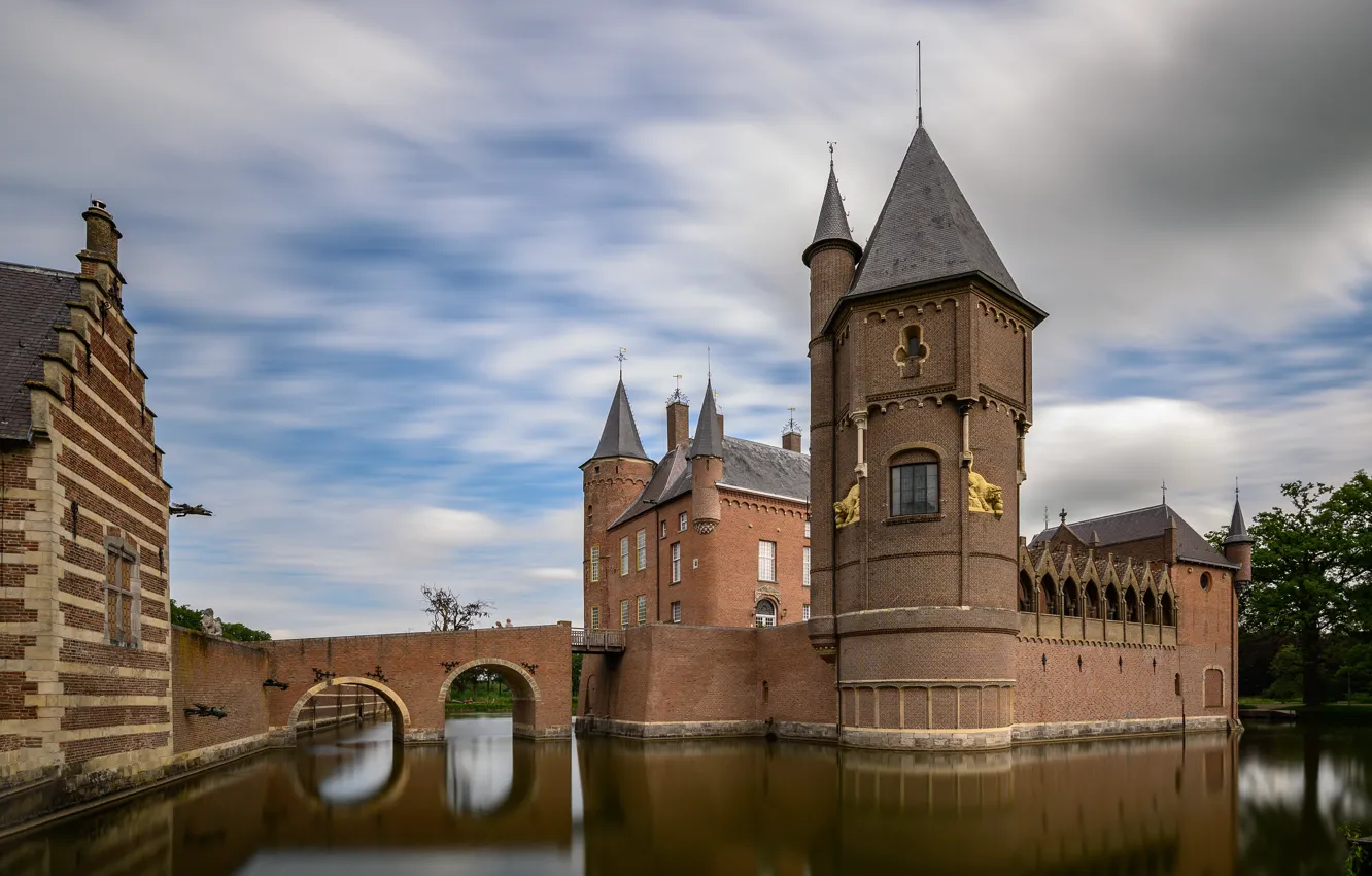 Photo wallpaper the sky, clouds, bridge, lake, reflection, castle, shore, arch
