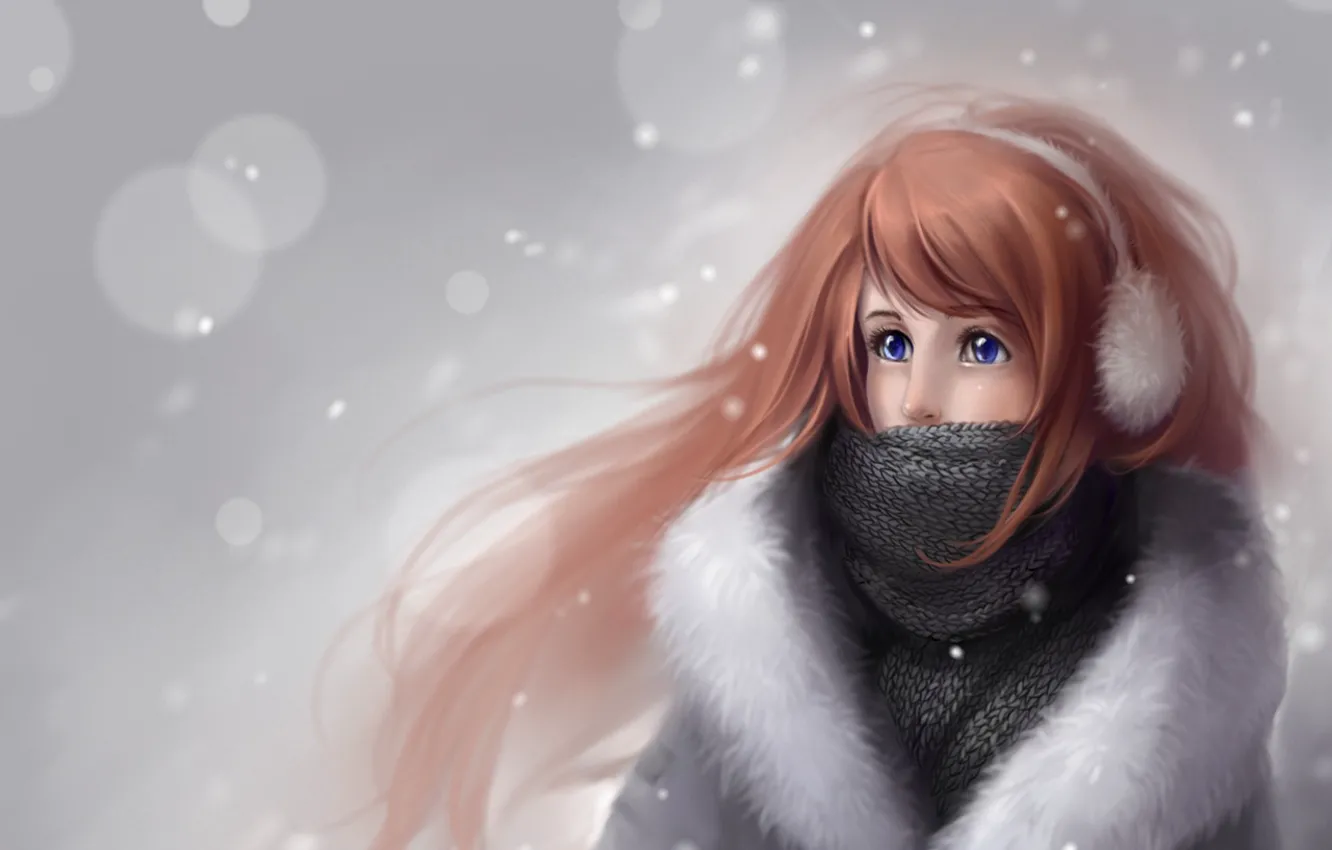 Photo wallpaper winter, girl, snow, figure, doll, scarf, Anna Linberger