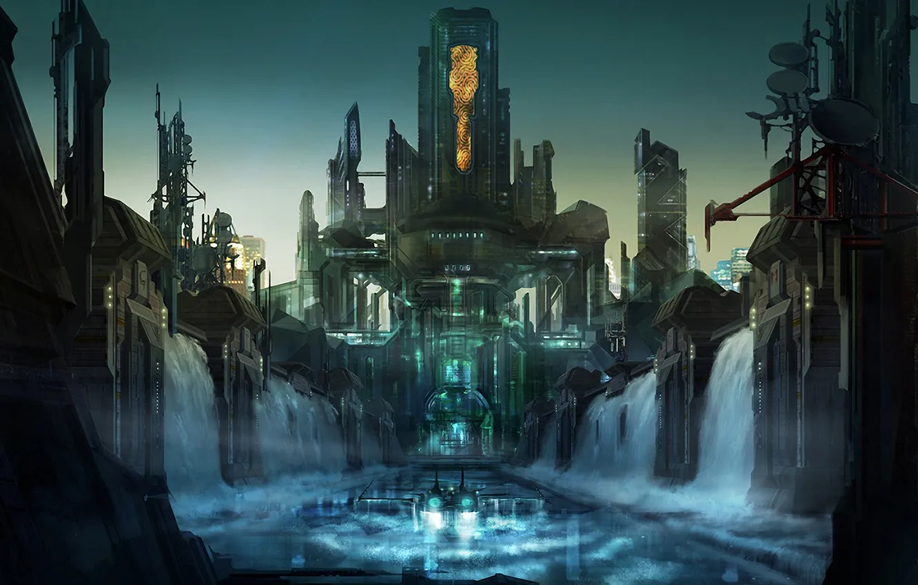 Photo wallpaper the city, ship, waterfall, art