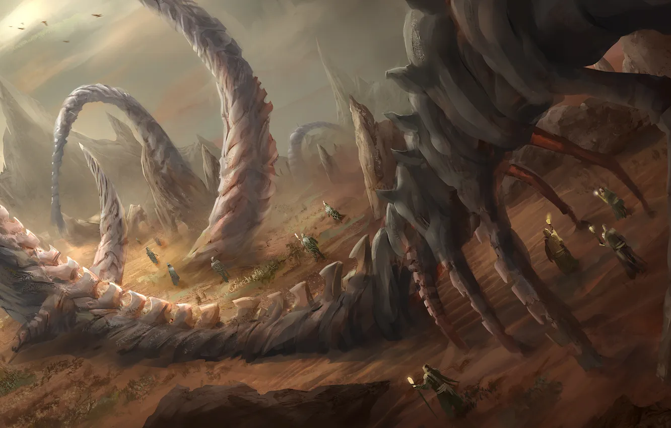 Photo wallpaper sand, rocks, art, bones, skeleton, torch, traveler, giant