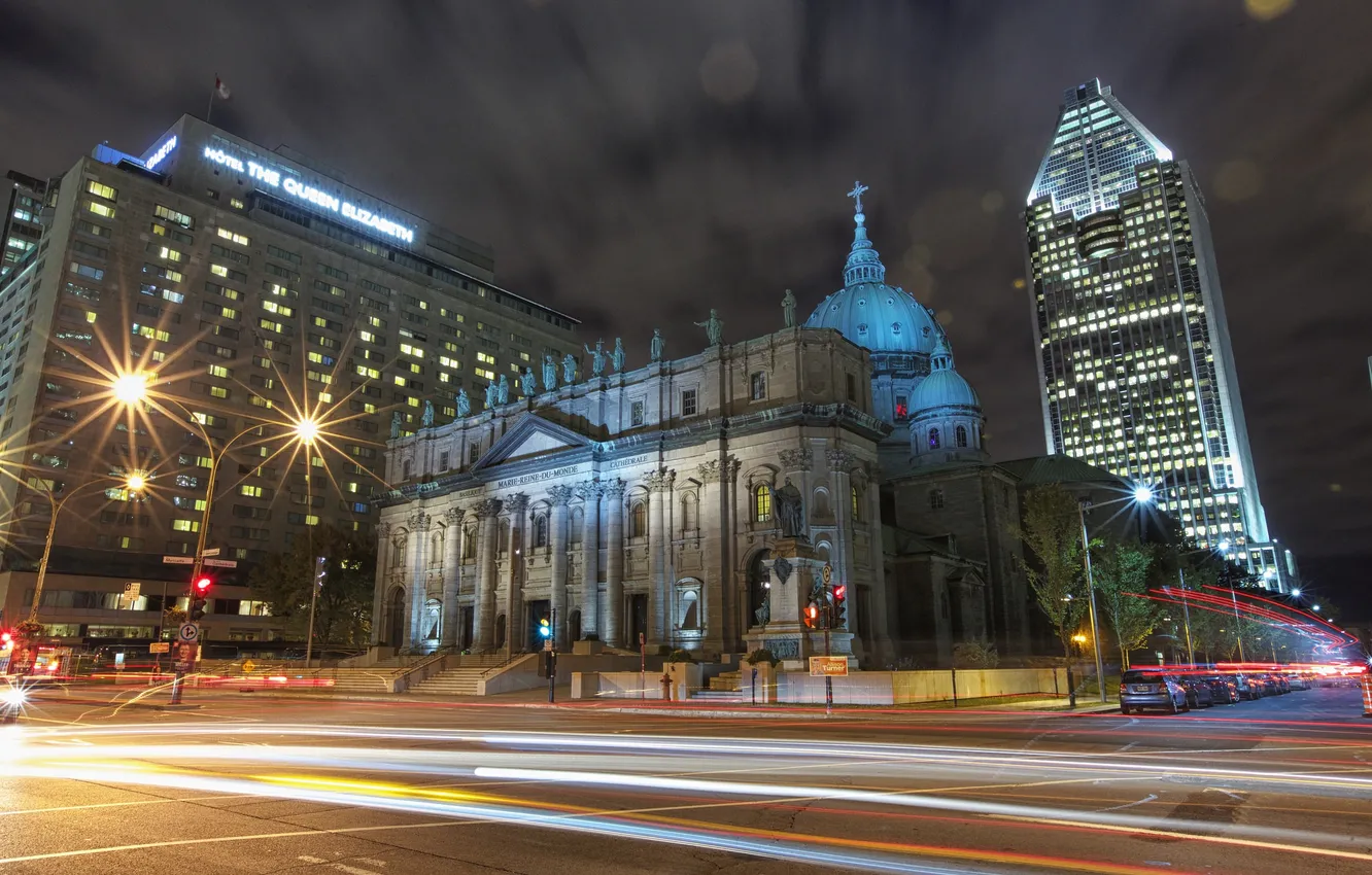 Photo wallpaper night, lights, home, Canada, Cathedral, Montreal