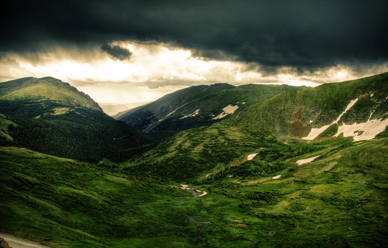 Photo wallpaper forest, mountains, clouds, cloudy
