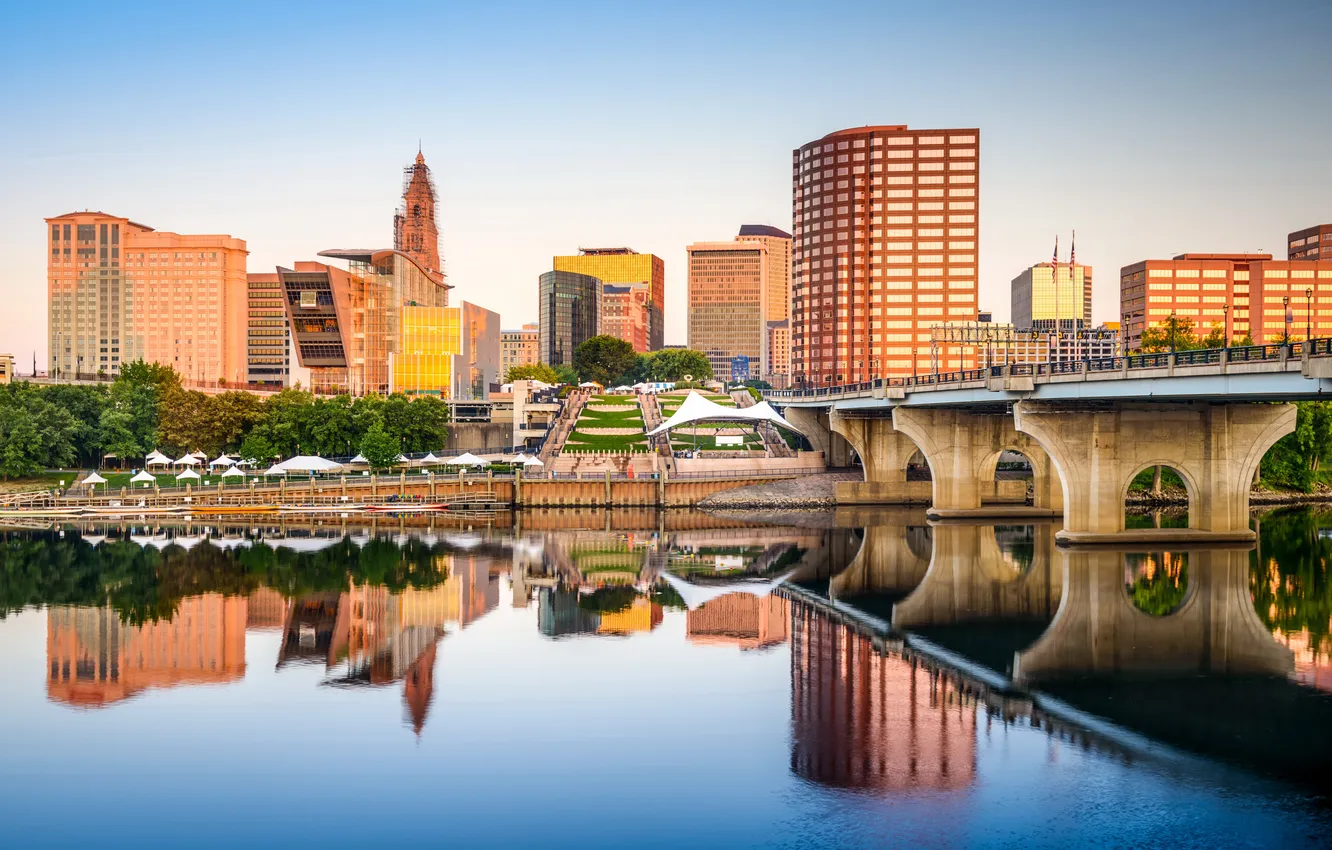 Photo wallpaper water, reflection, home, USA, promenade, Connecticut, Hartford, river.bridge