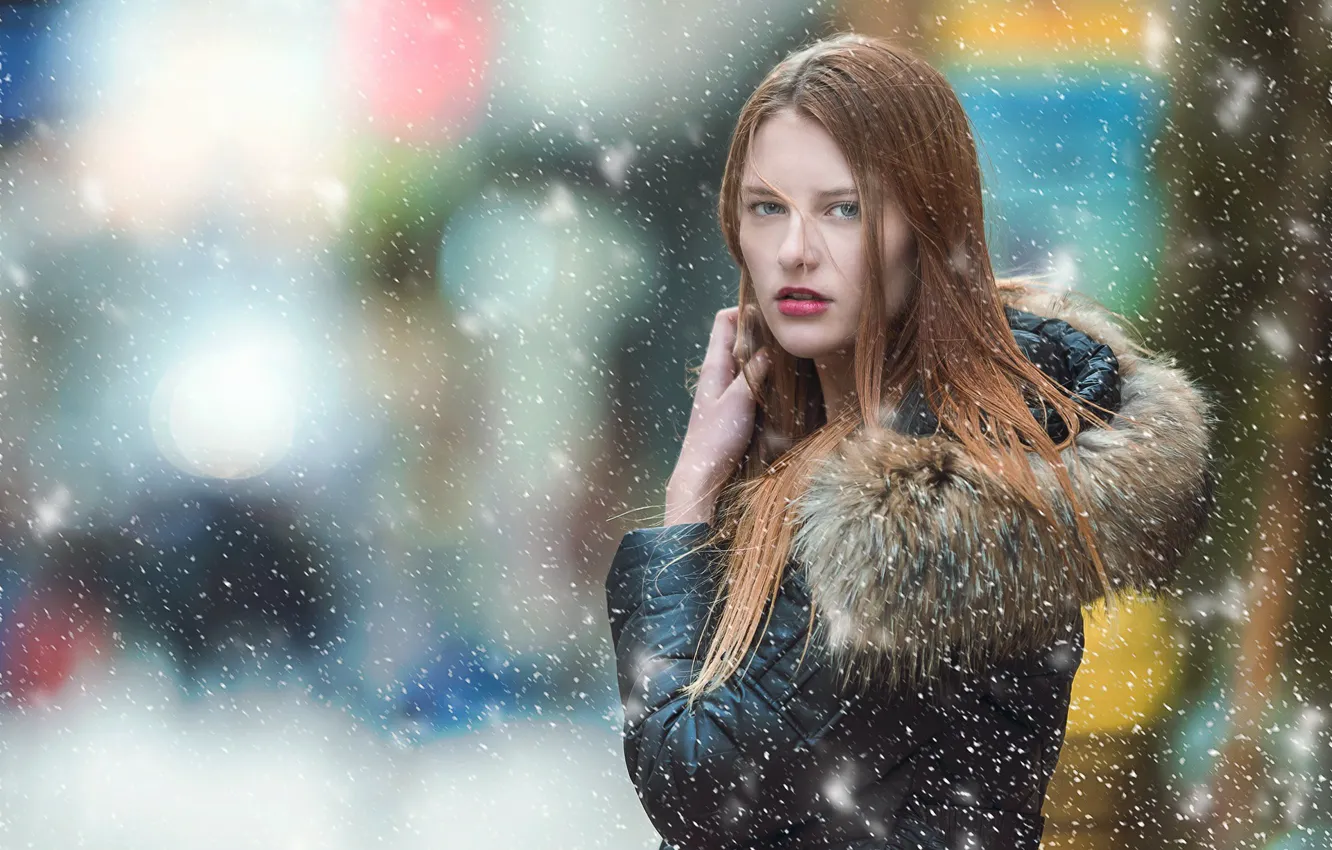 Photo wallpaper winter, look, girl, snow, street, hair, jacket