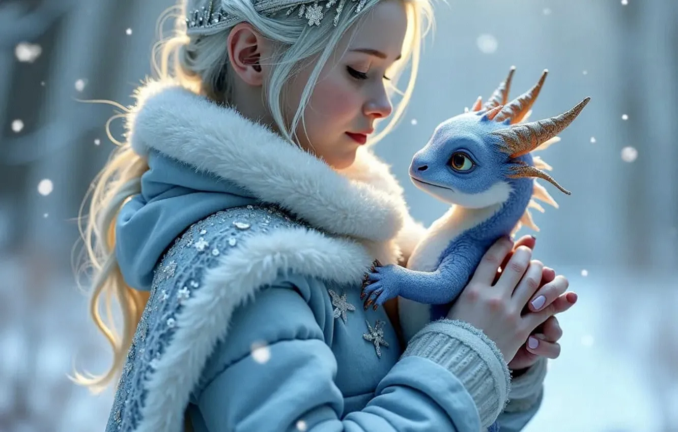 Photo wallpaper winter, forest, girl, light, snow, decoration, blue, dragon