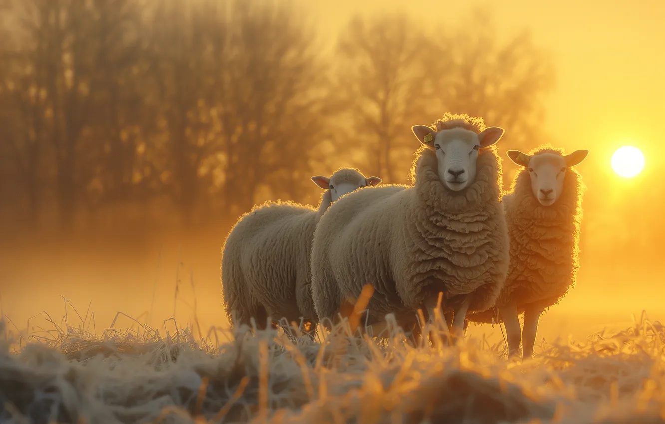 Photo wallpaper winter, snow, fog, sheep, AI art, neural network