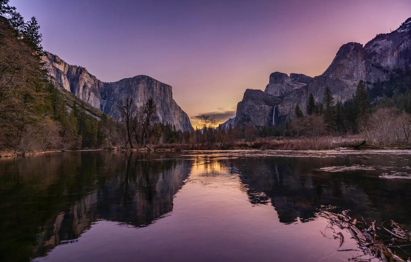 Photo wallpaper sunset, mountains, nature, lake, CA, USA, Yosemite