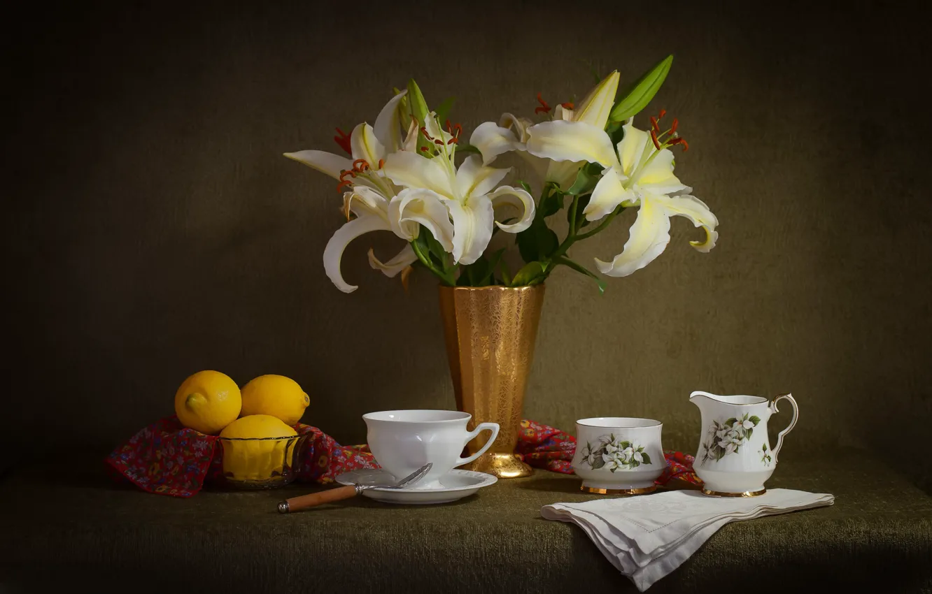 Photo wallpaper Lily, dishes, lemons