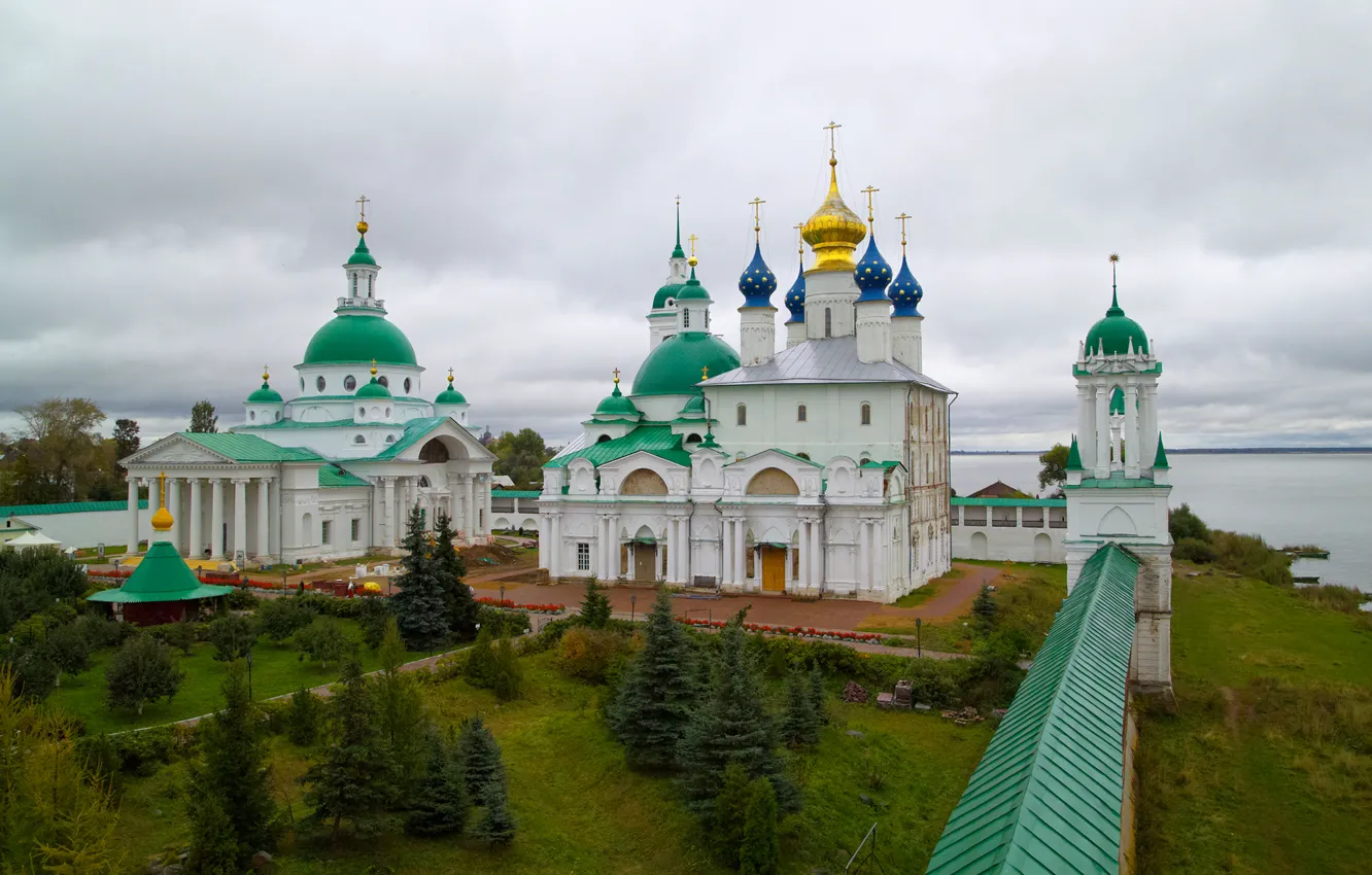 Photo wallpaper the sky, river, wall, cross, yard, Cathedral, the Kremlin, columns