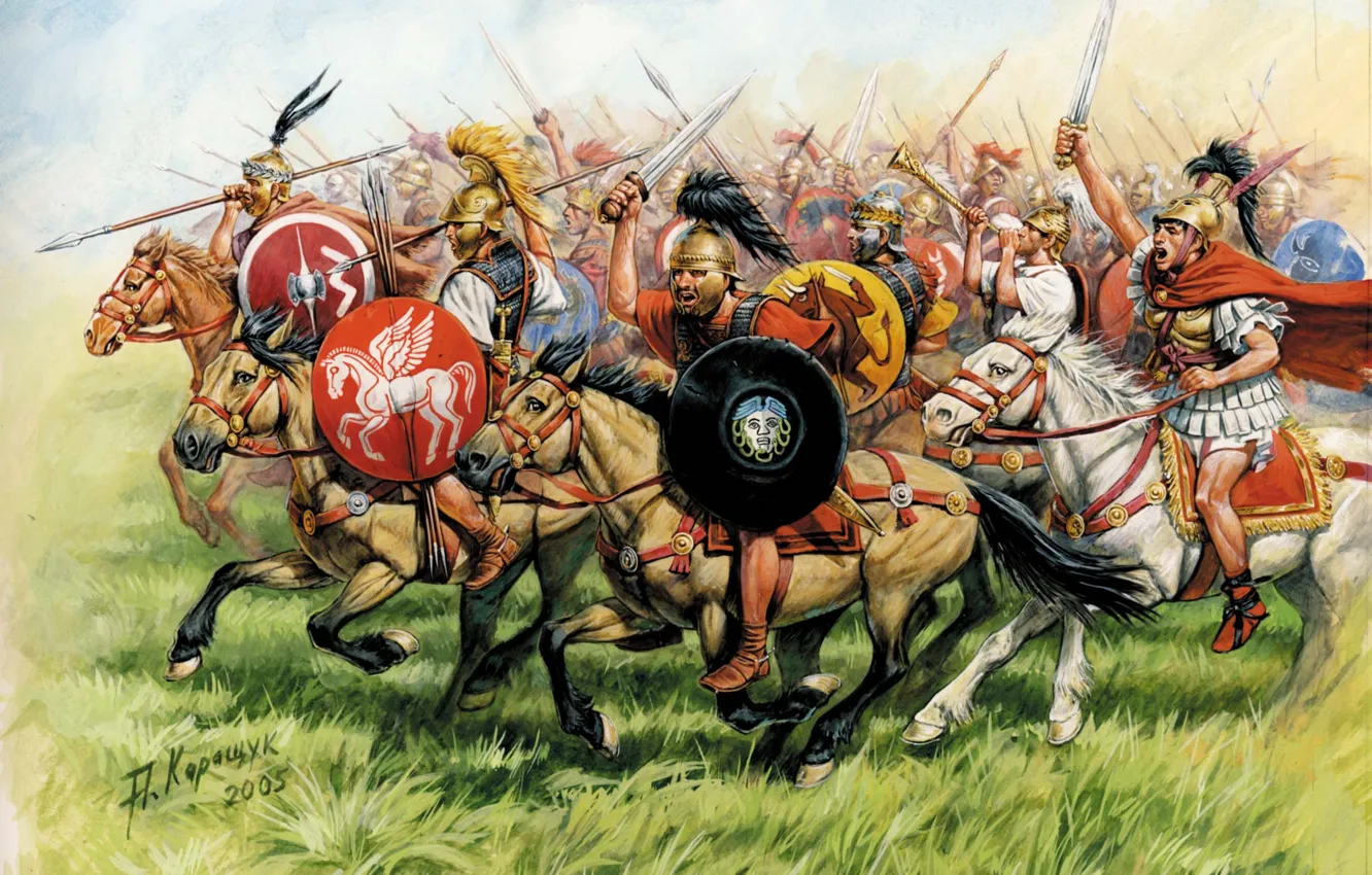 Photo wallpaper grass, attack, figure, armor, Rome, swords, spears, hats