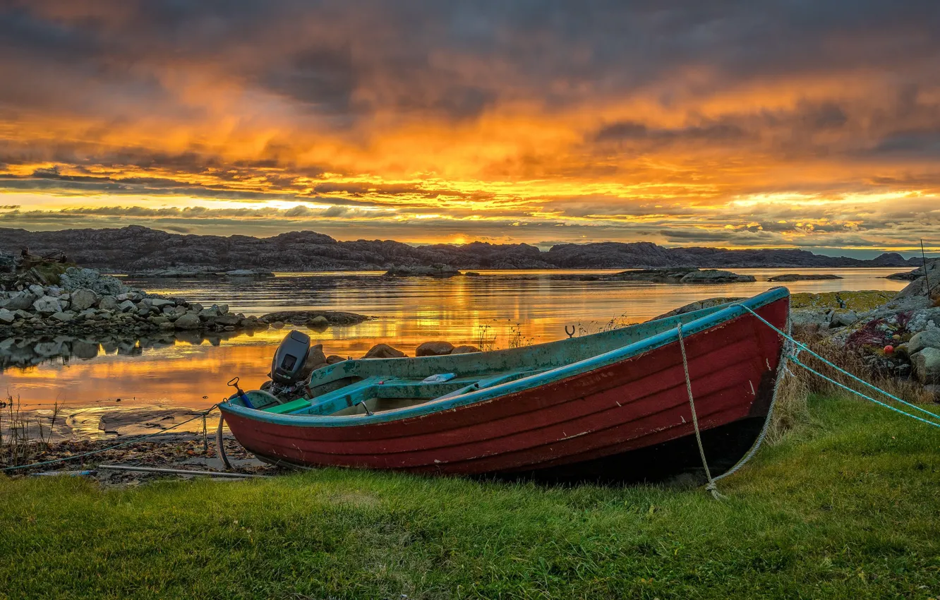Photo wallpaper sea, the sky, clouds, coast, boat, Norway, Norway, Rogaland