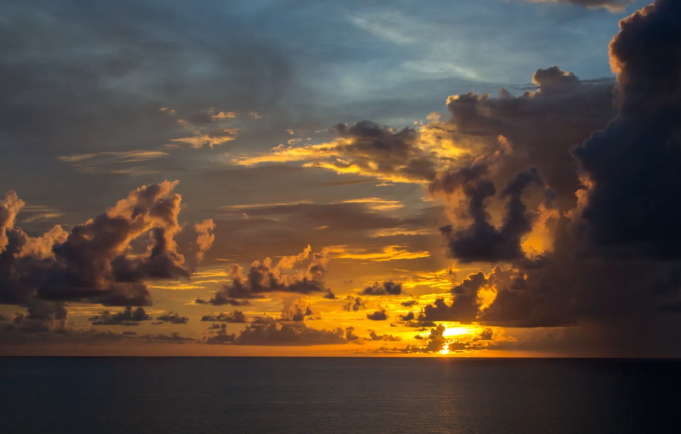 Photo wallpaper sea, clouds, sunset, reflection, horizon