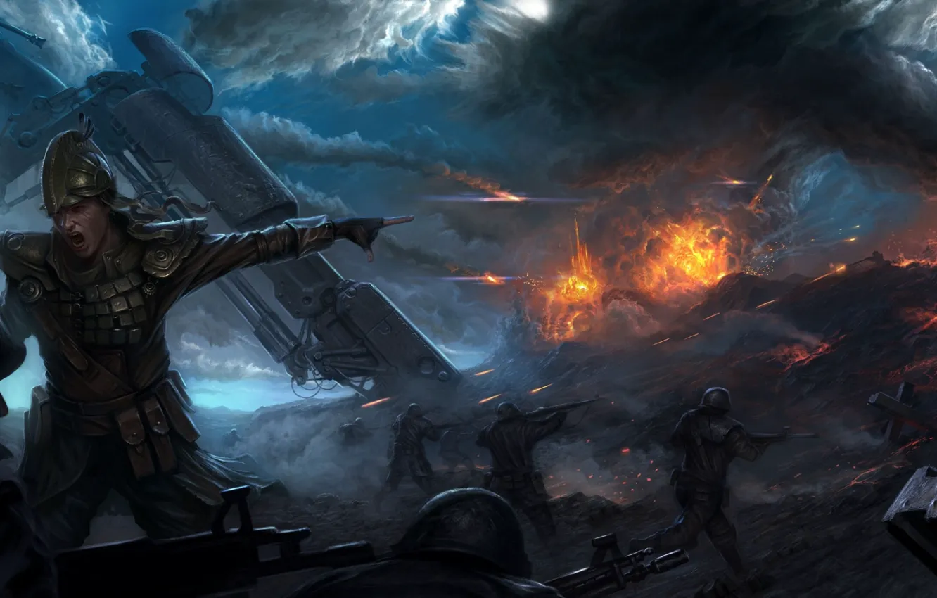 Photo wallpaper the explosion, weapons, war, smoke, robot, art, soldiers, battle