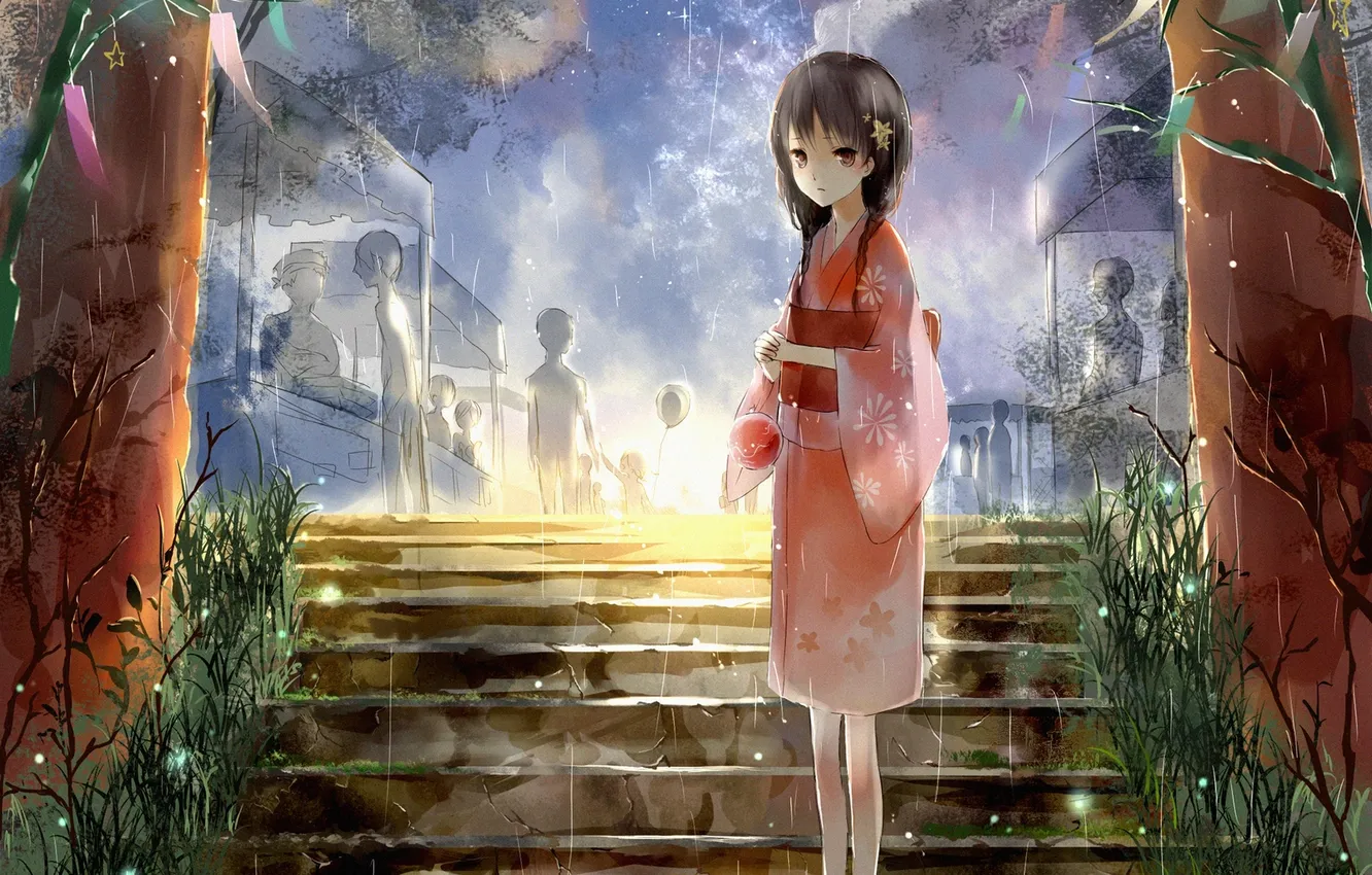 Photo wallpaper the sky, girl, the sun, clouds, rain, people, anime, art