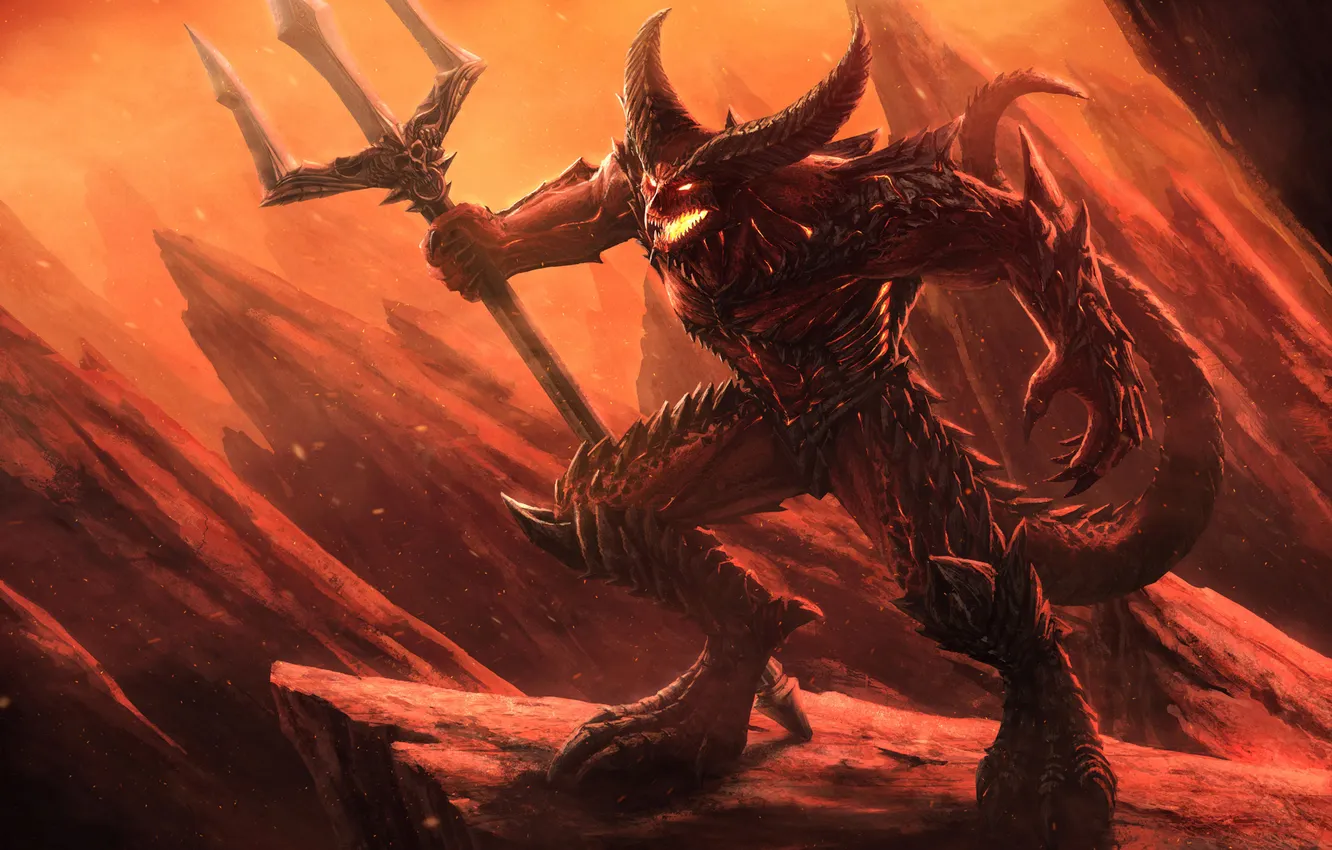 Photo wallpaper rocks, fire, spikes, mouth, Trident, claws, The demon, Abaddon