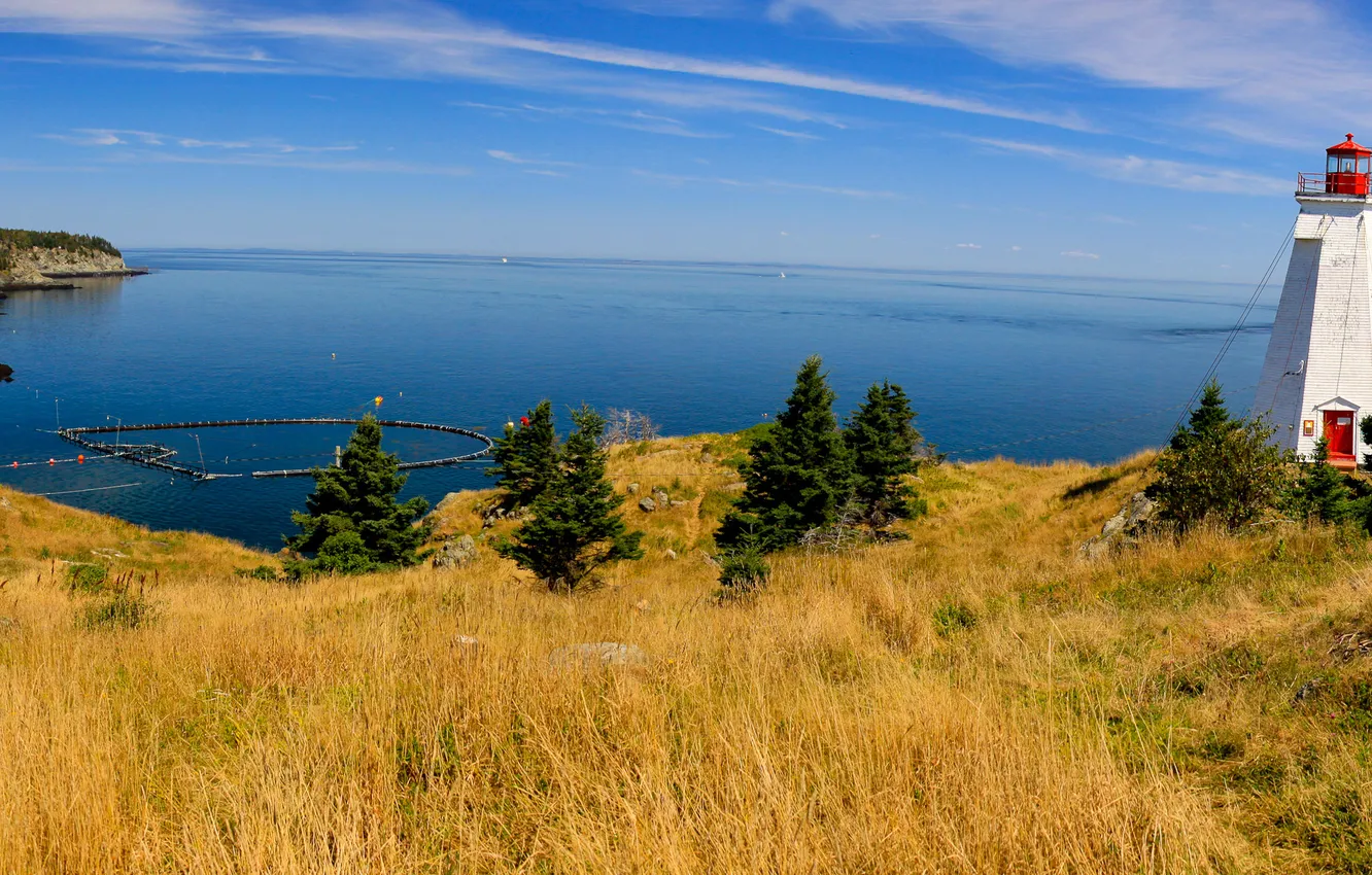 Photo wallpaper sea, the sky, grass, trees, house, lighthouse, panorama, Canada