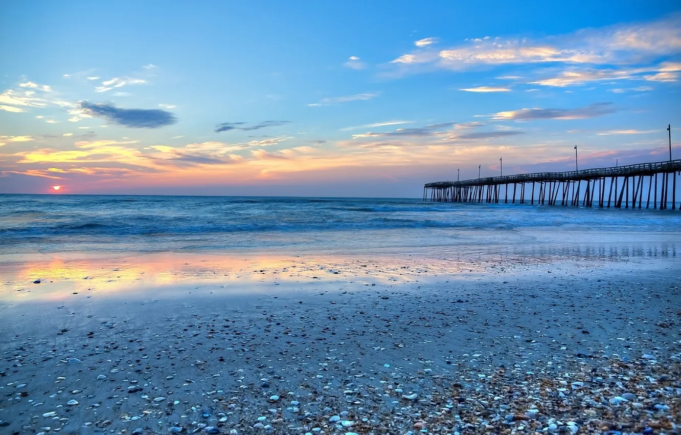 Photo wallpaper wave, beach, the sky, clouds, sunset, the ocean, shell