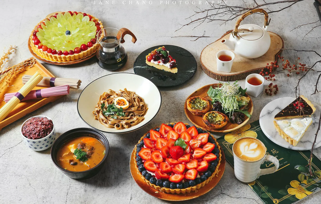 Photo wallpaper berries, tea, coffee, soup, cake, figure, vegetables, dish