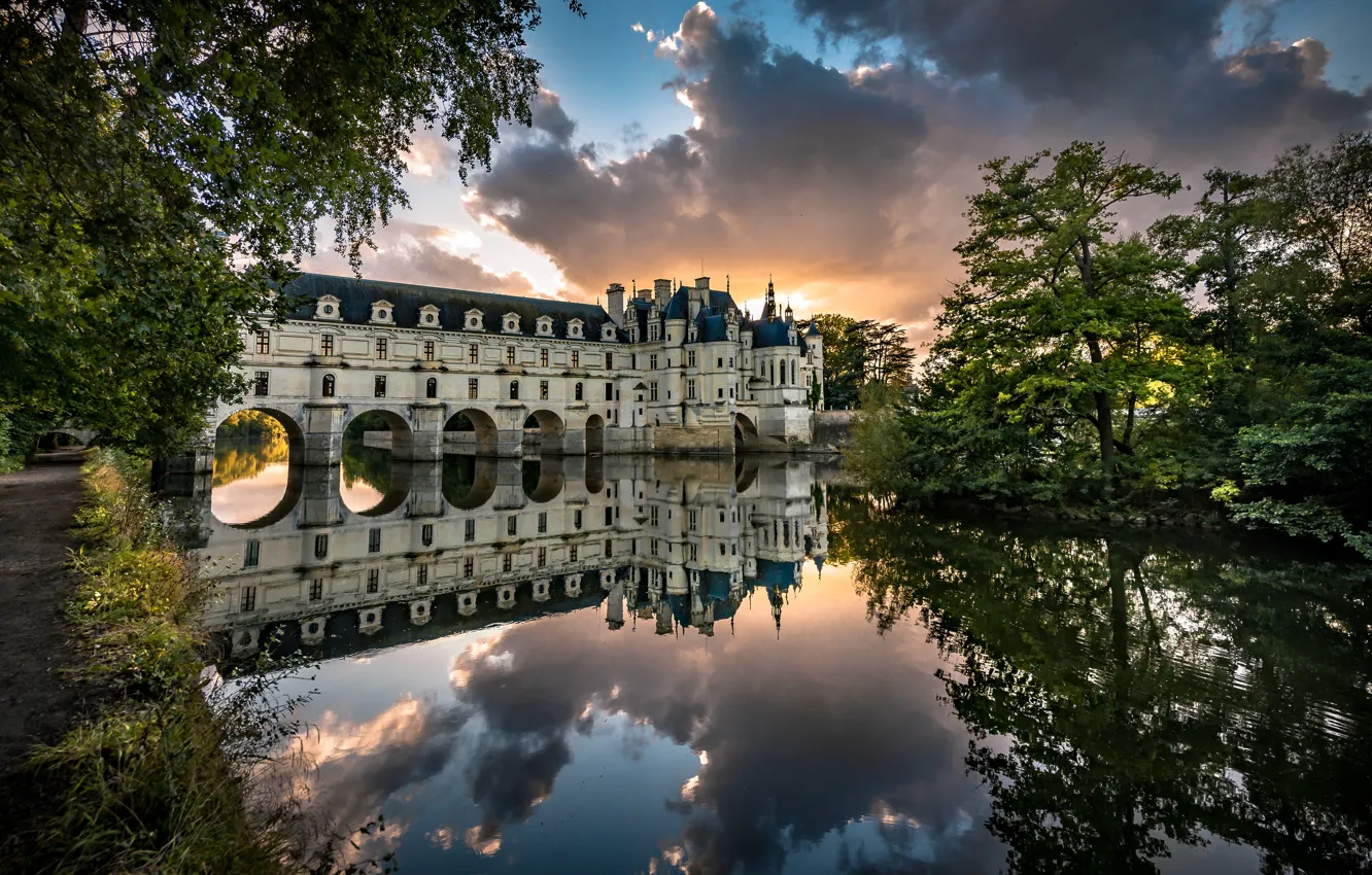 Photo wallpaper trees, sunset, reflection, river, castle, France, France, Castle of Chenonceau