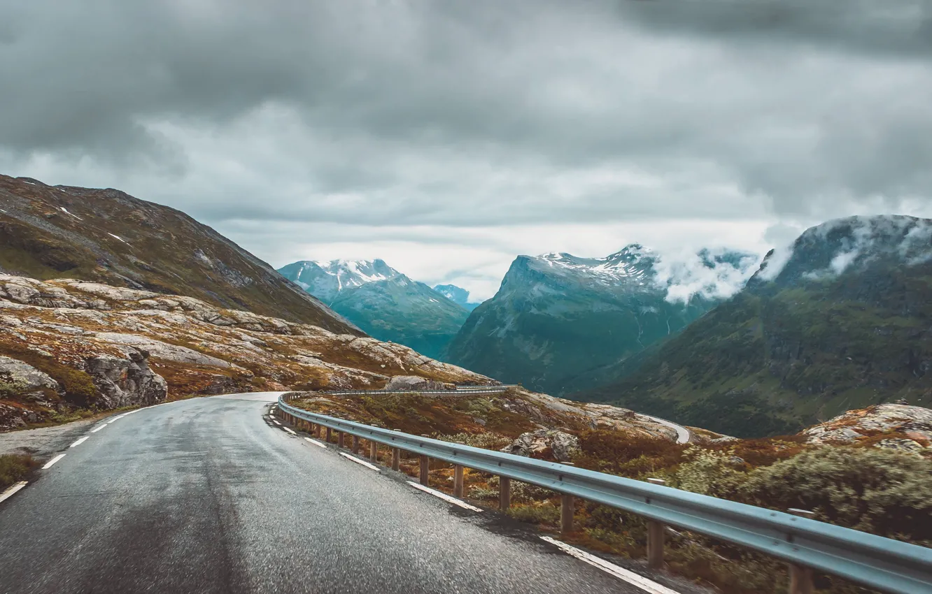 Photo wallpaper road, mountains, clouds, overcast, the highlands, Through the mountains