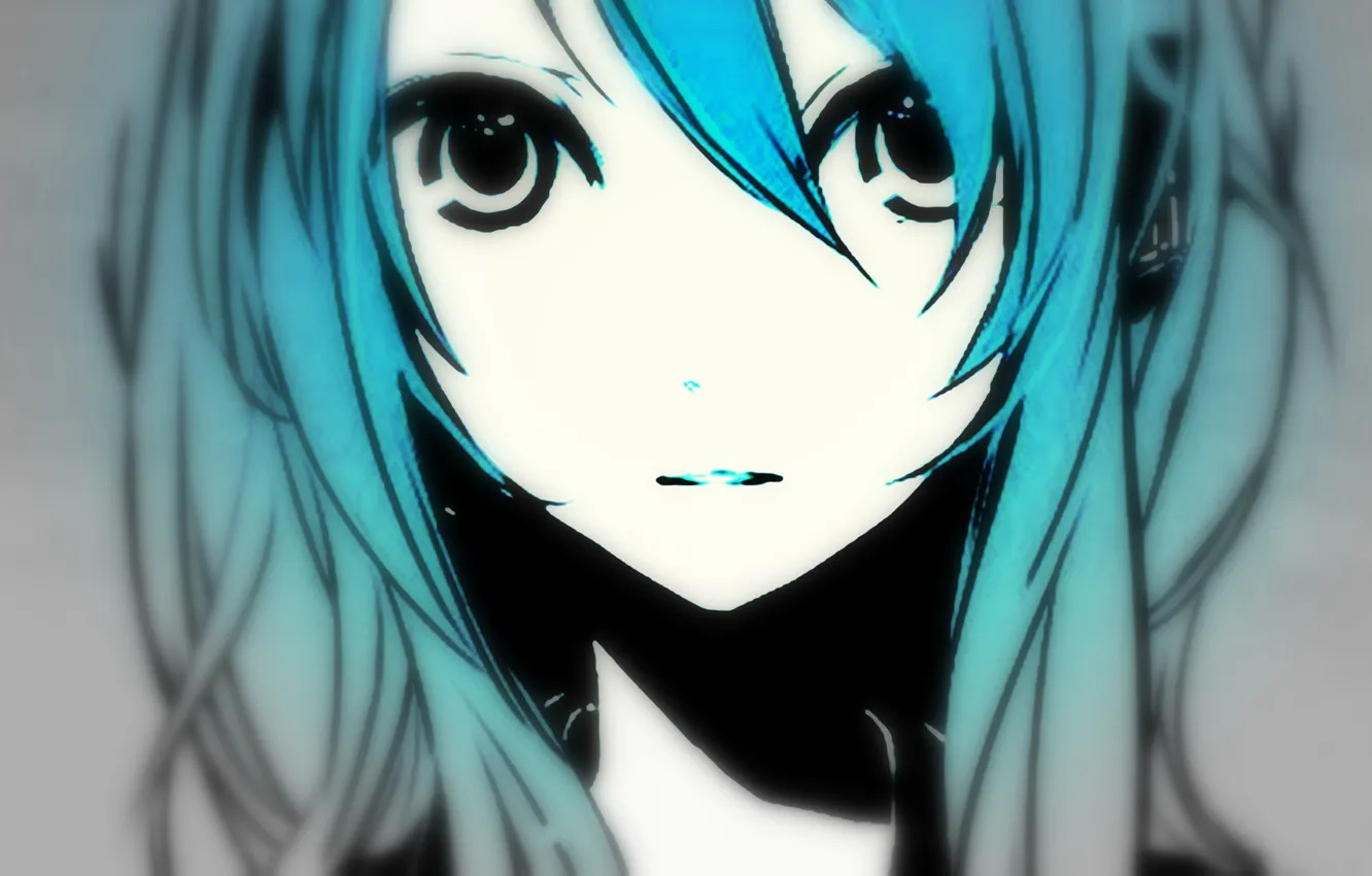 Photo wallpaper eyes, girl, face, shadow, vocaloid, hatsune miku, long hair, Vocaloid