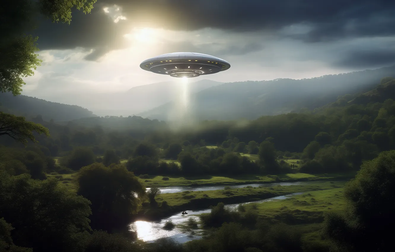 Photo wallpaper nature, fiction, UFO, alien, alien, flying saucer, the alien ship, AI art
