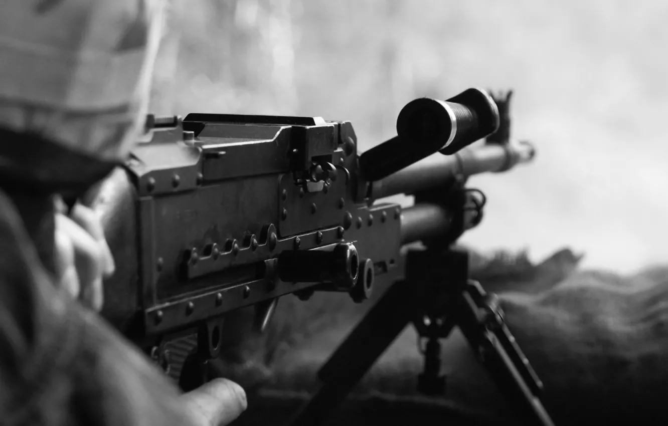 Photo wallpaper soldier, machine gun, white and black, firearm