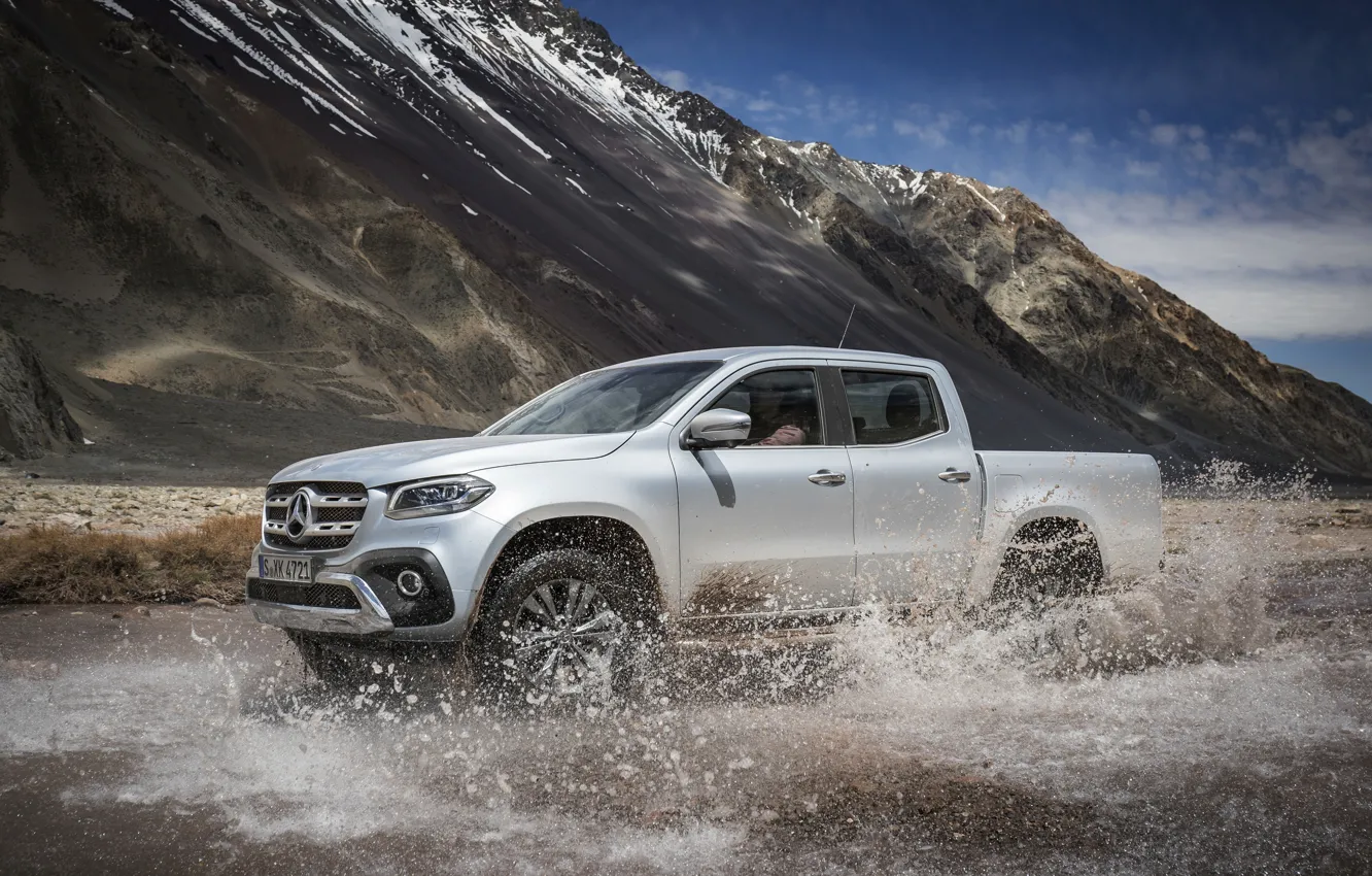 Photo wallpaper water, mountains, squirt, grey, Mercedes-Benz, silver, pickup, 2017