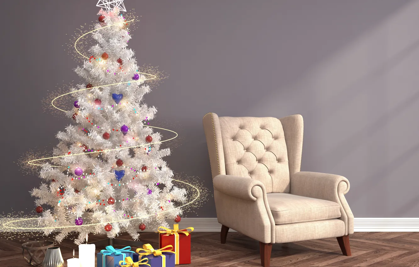 Photo wallpaper balls, toys, chair, candles, New Year, gifts, tree, garland