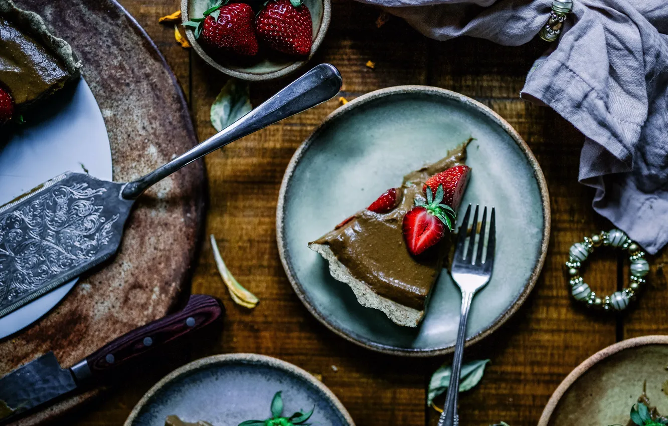 Photo wallpaper berries, Board, strawberry, pie, knife, cake, dishes, cake