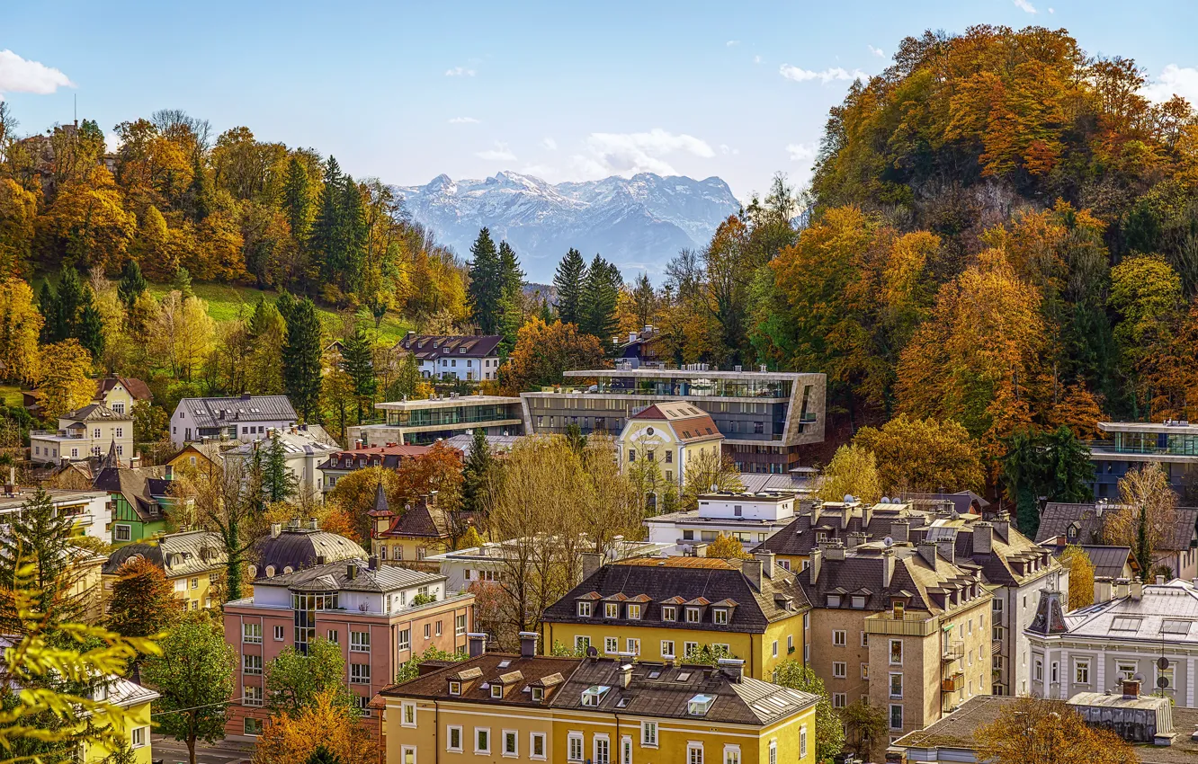 Photo wallpaper autumn, mountains, home, Austria, panorama, street, Austria, Salzburg