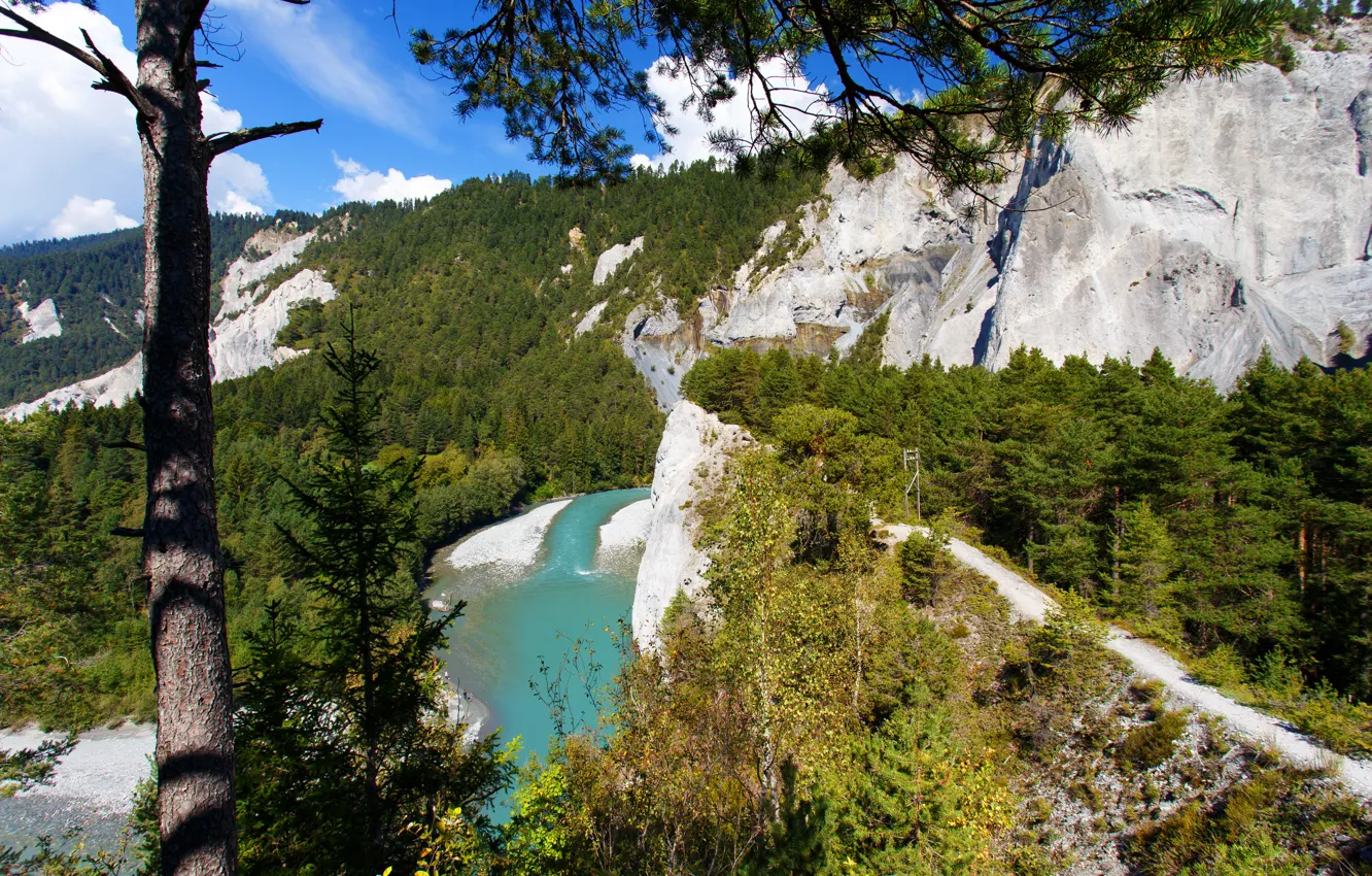 Photo wallpaper mountains, river, Switzerland, Alps, trees.