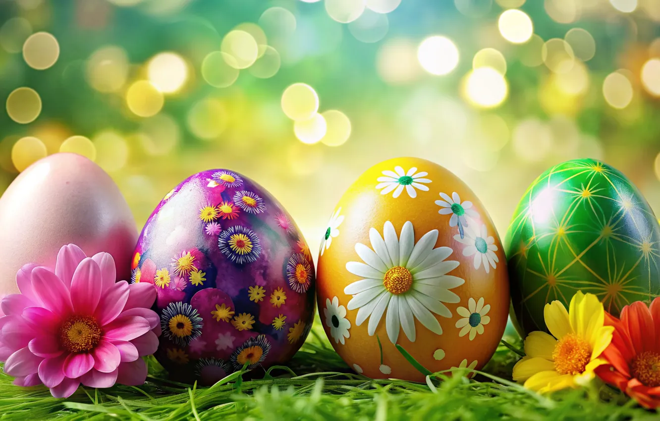 Photo wallpaper flowers, eggs, spring, colorful, Easter, flowers, spring, Easter