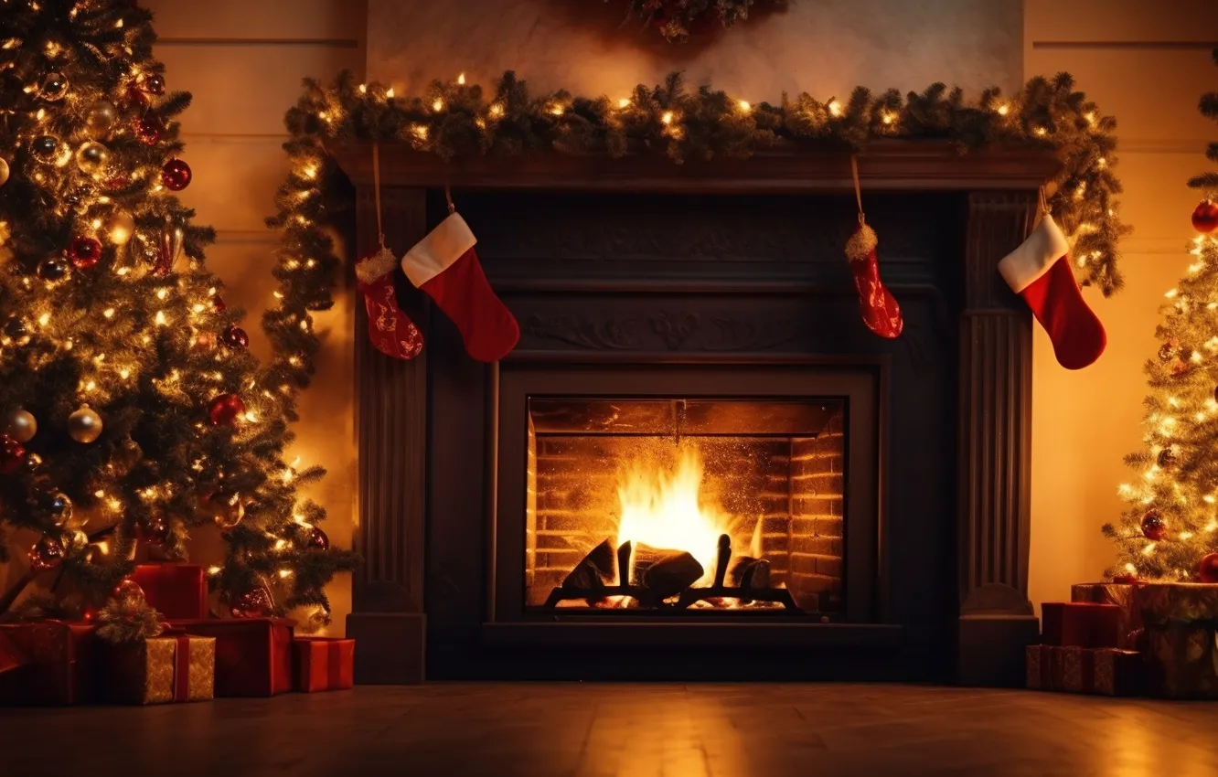 Photo wallpaper decoration, room, gift, balls, tree, new year, interior, Christmas