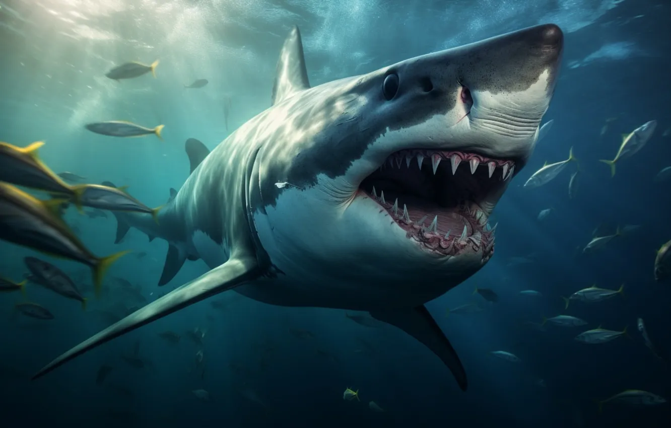 Photo wallpaper fish, predator, shark, teeth, mouth, underwater world, digital art, AI art