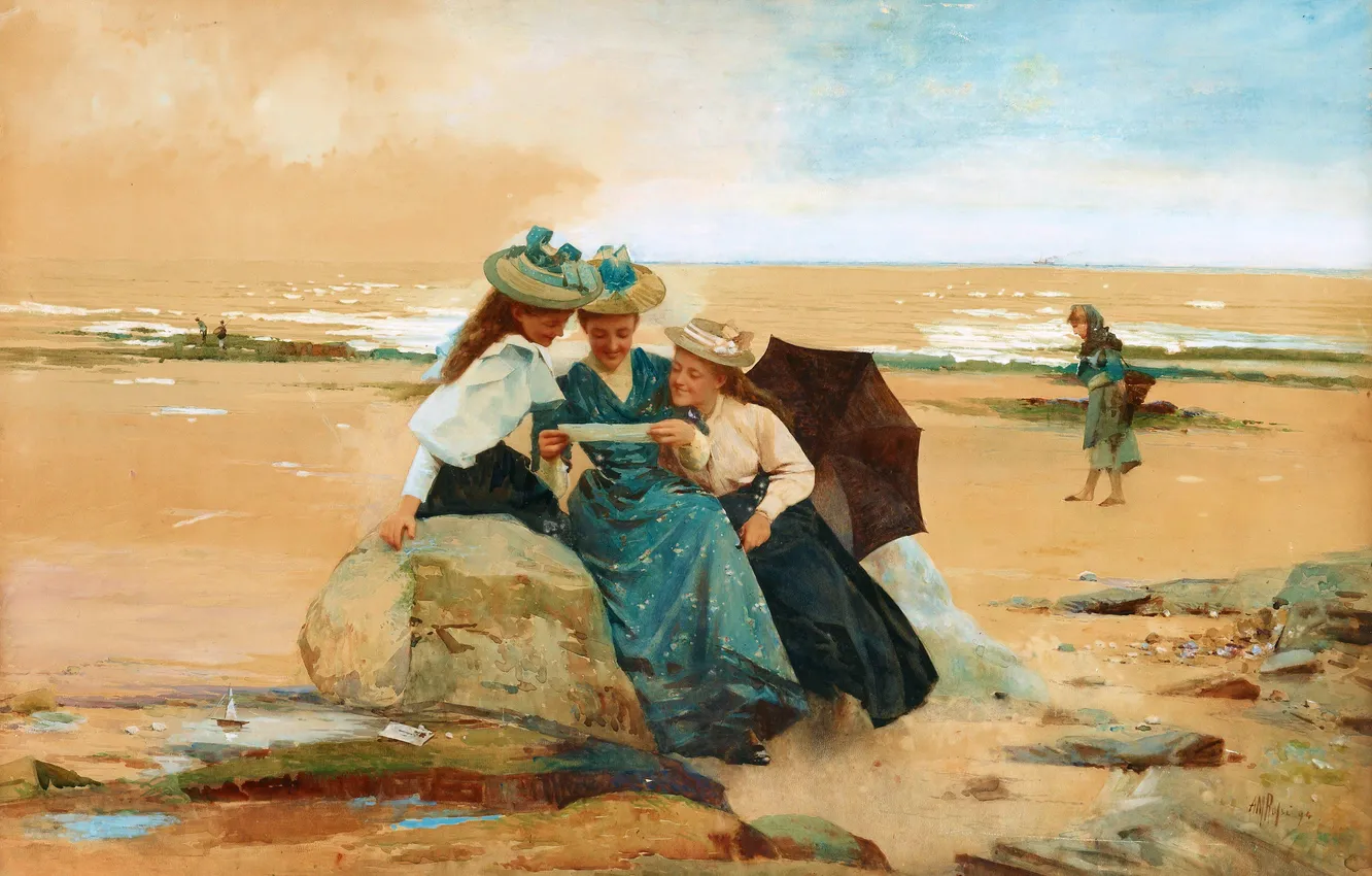 Photo wallpaper letter, girl, stones, picture, reads, coast, English artist, Alexander Mark Rossi