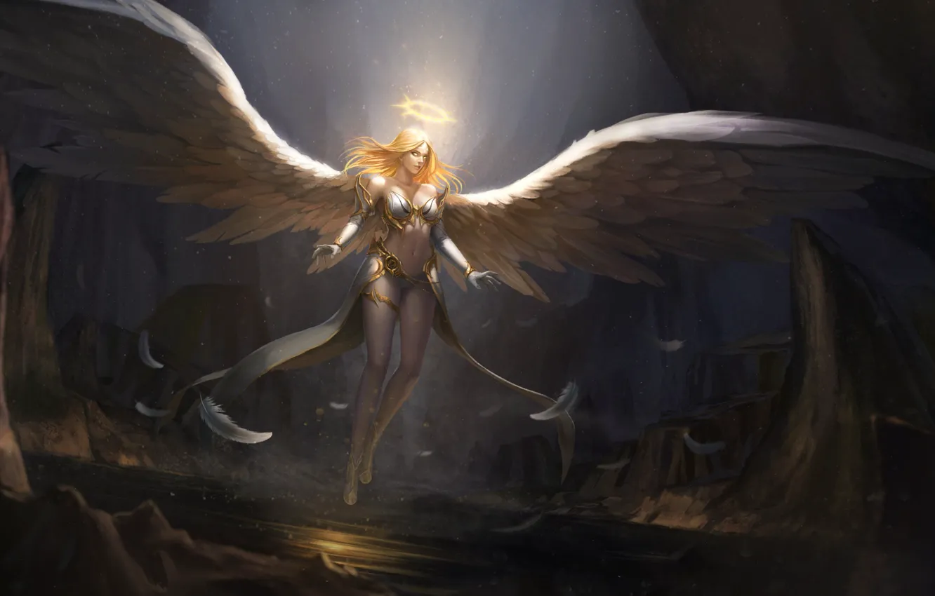 Photo wallpaper girl, fiction, figure, wings, angel, feathers, art, blonde
