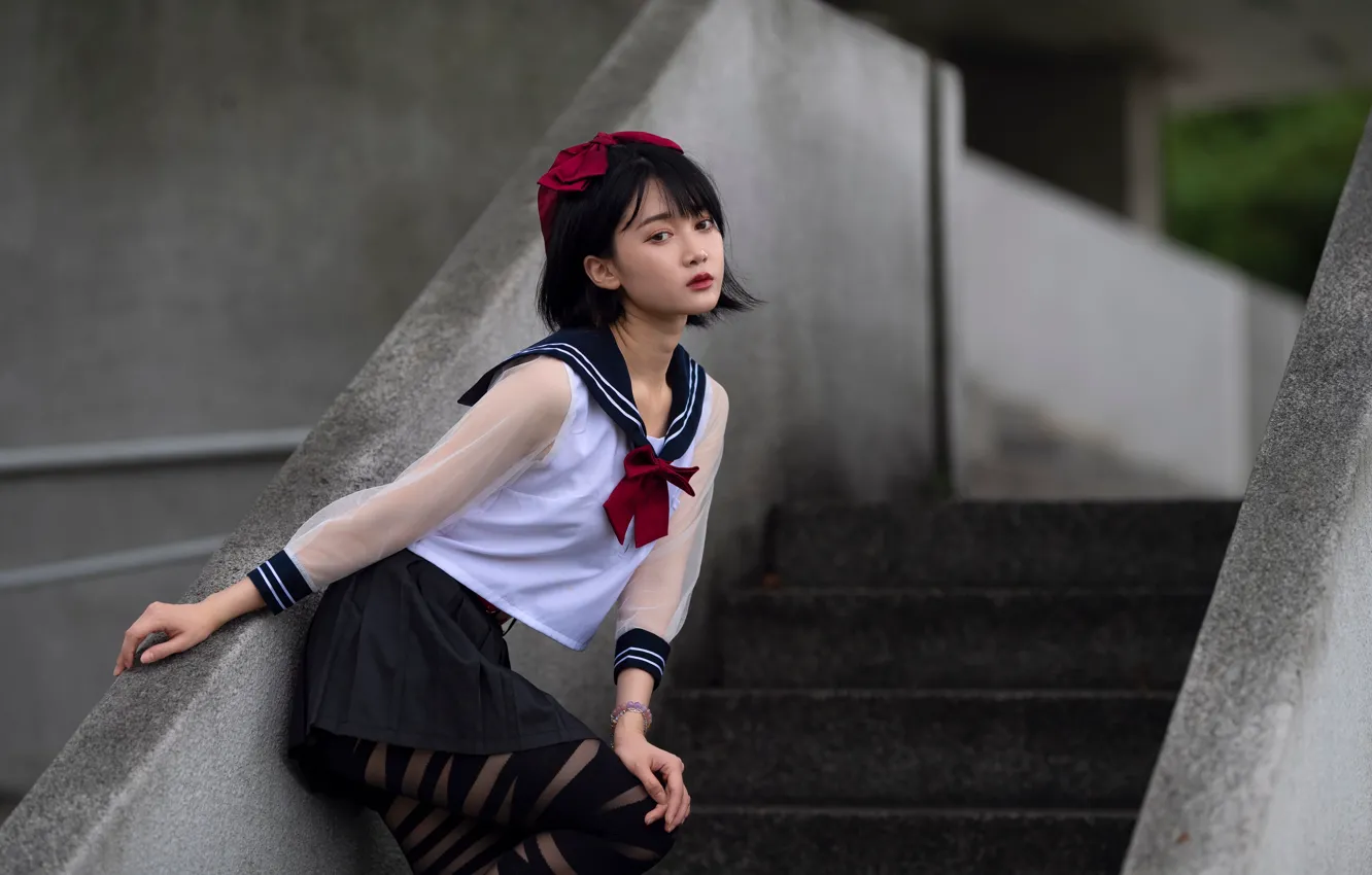 Photo wallpaper girl, pose, tights, girl, Asian, uniform, asian, asian girls