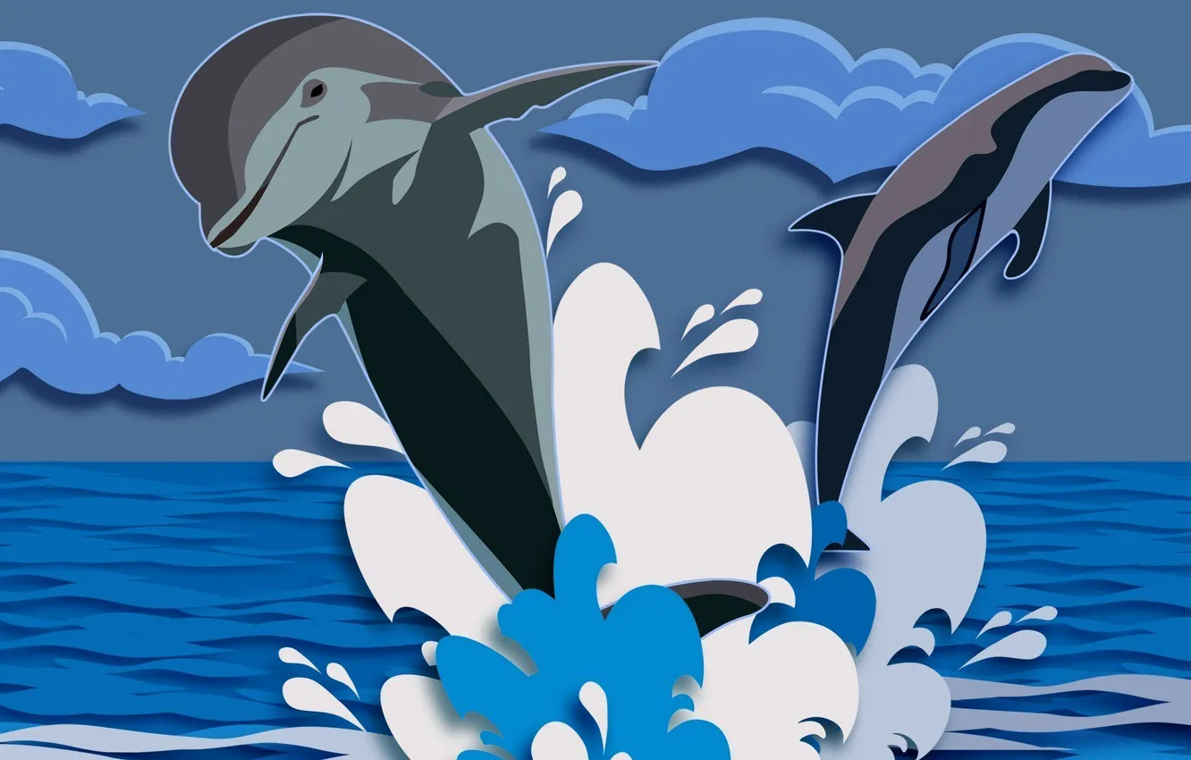 Photo wallpaper sea, the sky, squirt, vector, dolphins