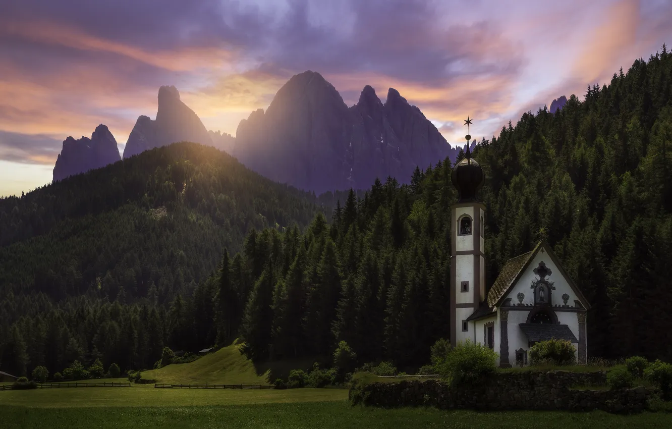 Photo wallpaper clouds, sunset, mountains, the evening, Italy, Tyrol, St. Magdalene