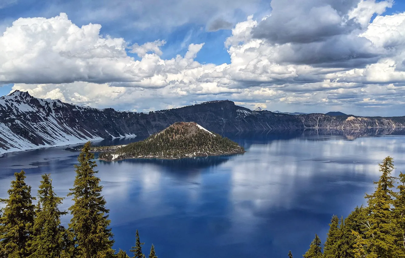 Photo wallpaper the sky, clouds, trees, lake, island, the volcano, crater, Crater Lake National Park