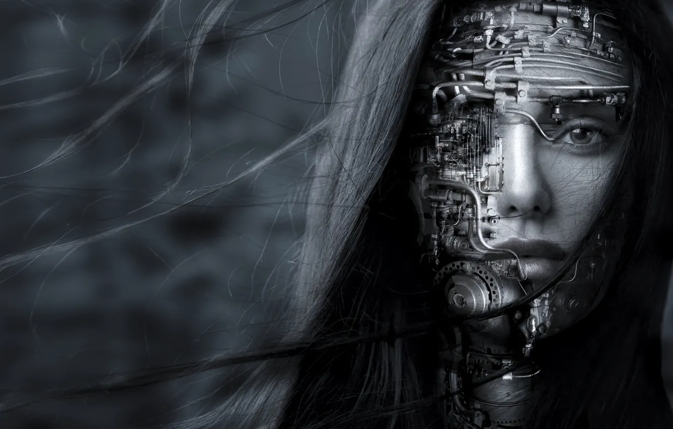 Photo wallpaper look, girl, face, hair, robot, black and white, monochrome