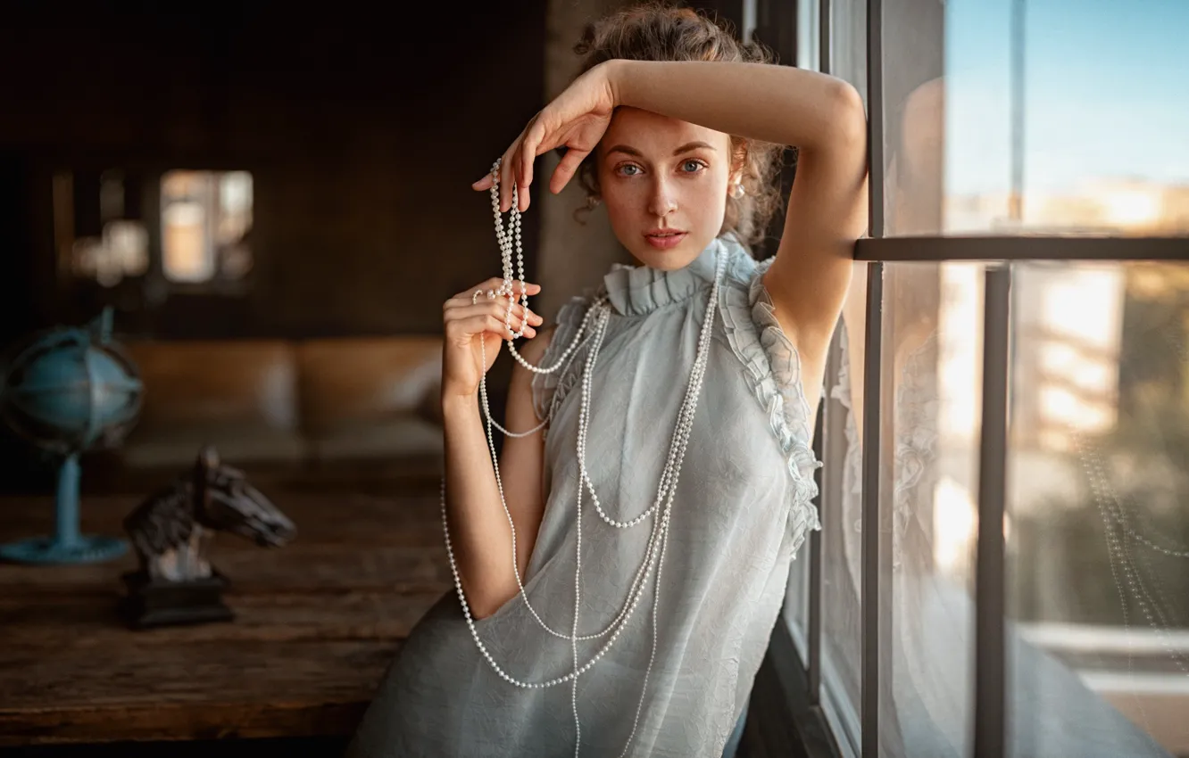 Photo wallpaper look, girl, pose, hands, dress, window, beads, George Chernyadev