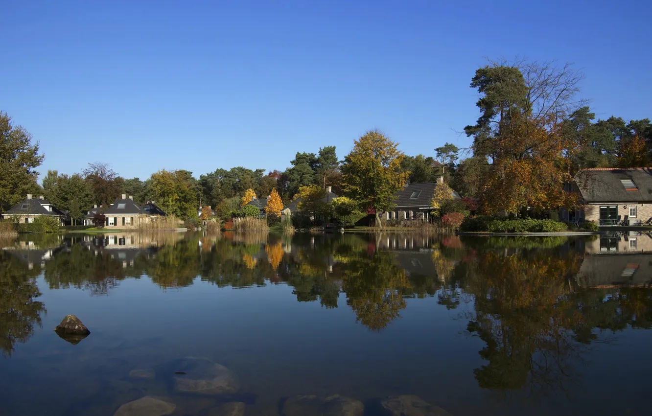 Photo wallpaper pond, houses, Netherlands, Holland, Ruurlo